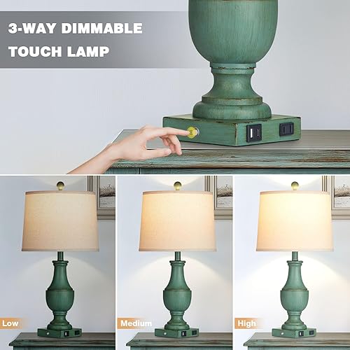 Miniatura 6 de Farmhouse Table Lamp Set of 2, Rustic Touch Control 3-Way Dimmable Lamps with USB A+C Charging Ports & AC Outlet, Vintage Retro Antique Bedside Lamp