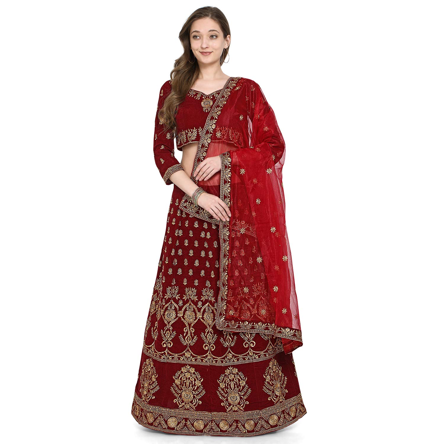 Hartyn's Maroon Embroidered Velvet Semi-Stitched Lehenga With Dupatta and Extera Ordinary Blouse