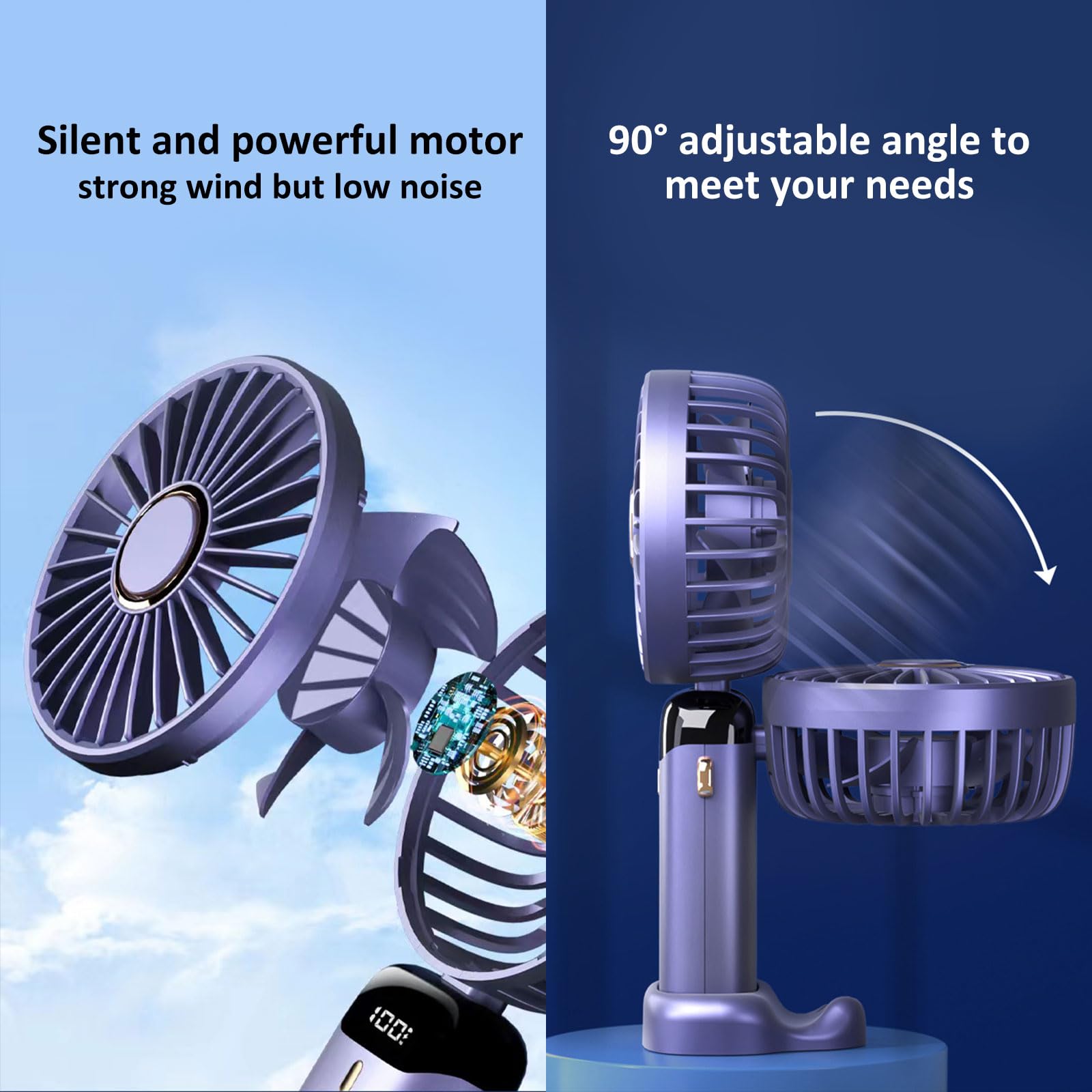 Ventilatore Portatile USB Ricaricabile - 5 Velocit&agrave;, Batteria 5000 MAh, Pieghevole, Con Display, Blu