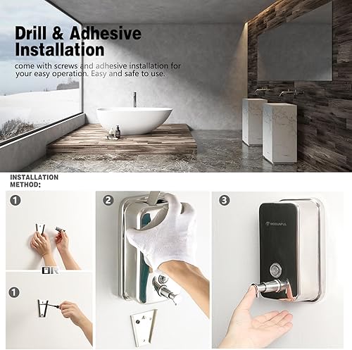 Miniatura 5 de Dispensador de jabón de acero inoxidable para el hogar, montaje en pared de 16.9 onzas, bomba antifugas, acabado de níquel cepillado, diseño que