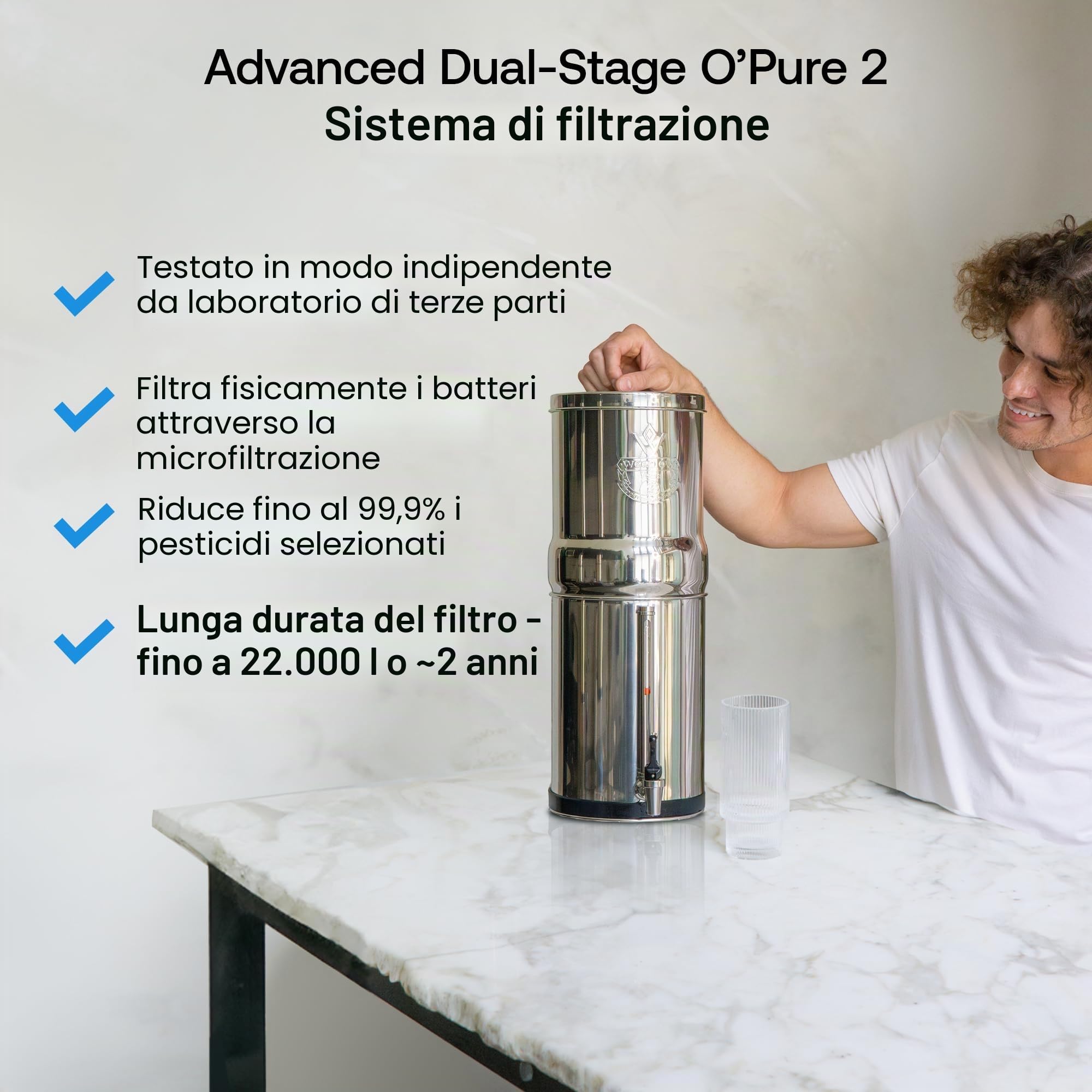Weeplow® Venus ECO - Sistema di filtraggio dell'acqua per gravità 5,6 litri AISI 304 con 2 elementi di purificazione O'Pure 2 e rubinetto 100% inox (acciaio inox, 5,6L ECO)