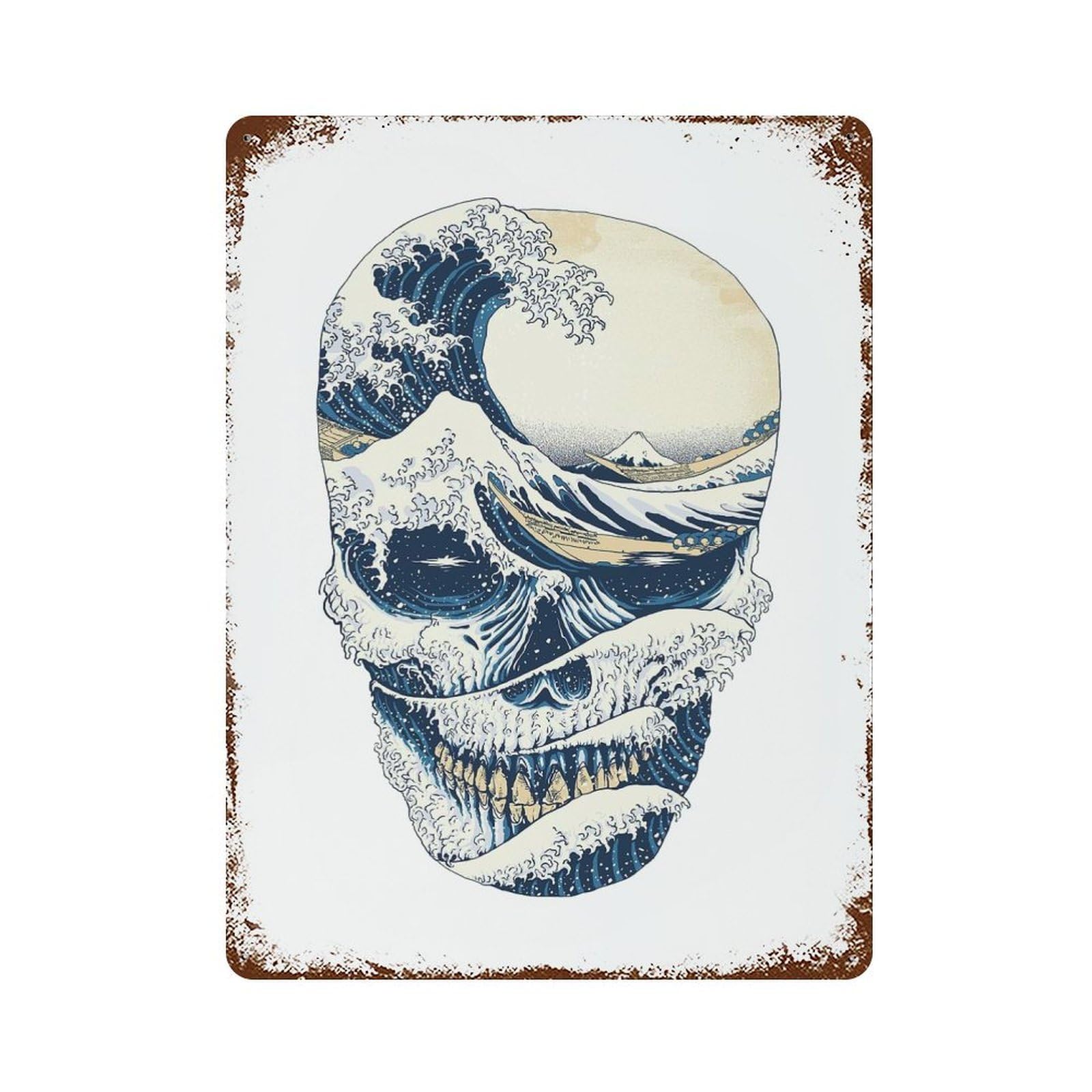 The Great Wave Off Skull Rust Effect Tin Sign 15.7"x11.8", Industrial Home Decor for Bistro, Counter And Cafe Decor