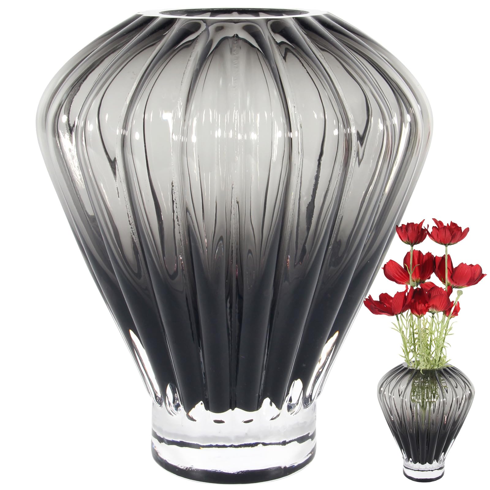 Jarrón de Vidrio Moderno – Florero Decorativo de Diseño Hecho a Mano para Flores, Tulipanes y Rosas – Ideal para Salón, Dormitorio, Mesa o Bodas – Decoración Elegante para el Hogar – Negro