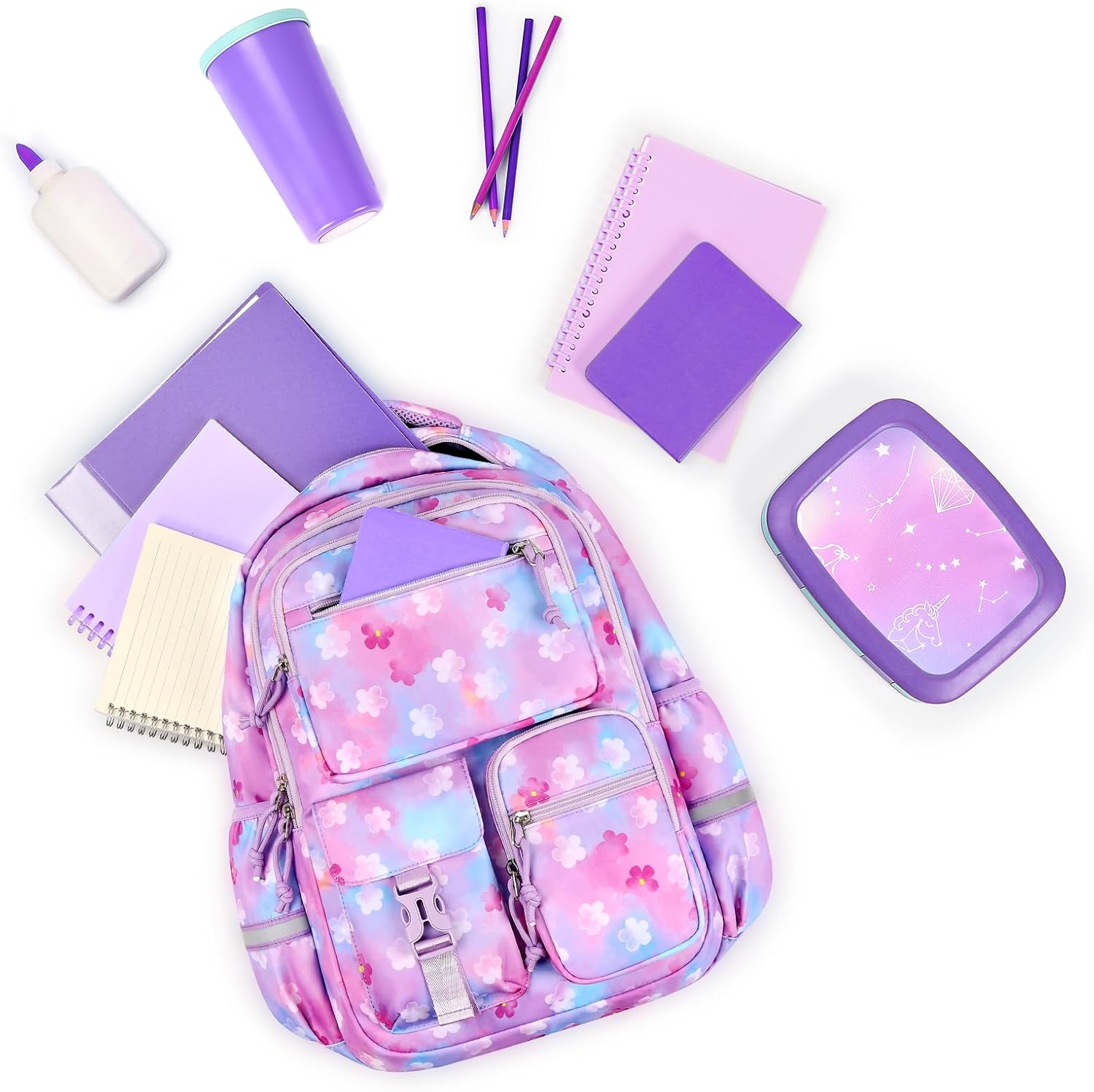 mibasies Backpack for Girls: 17.8IN Kids School Backpack for Elementary Primary - Bookbag with Laptop Compartment - Flower Purple