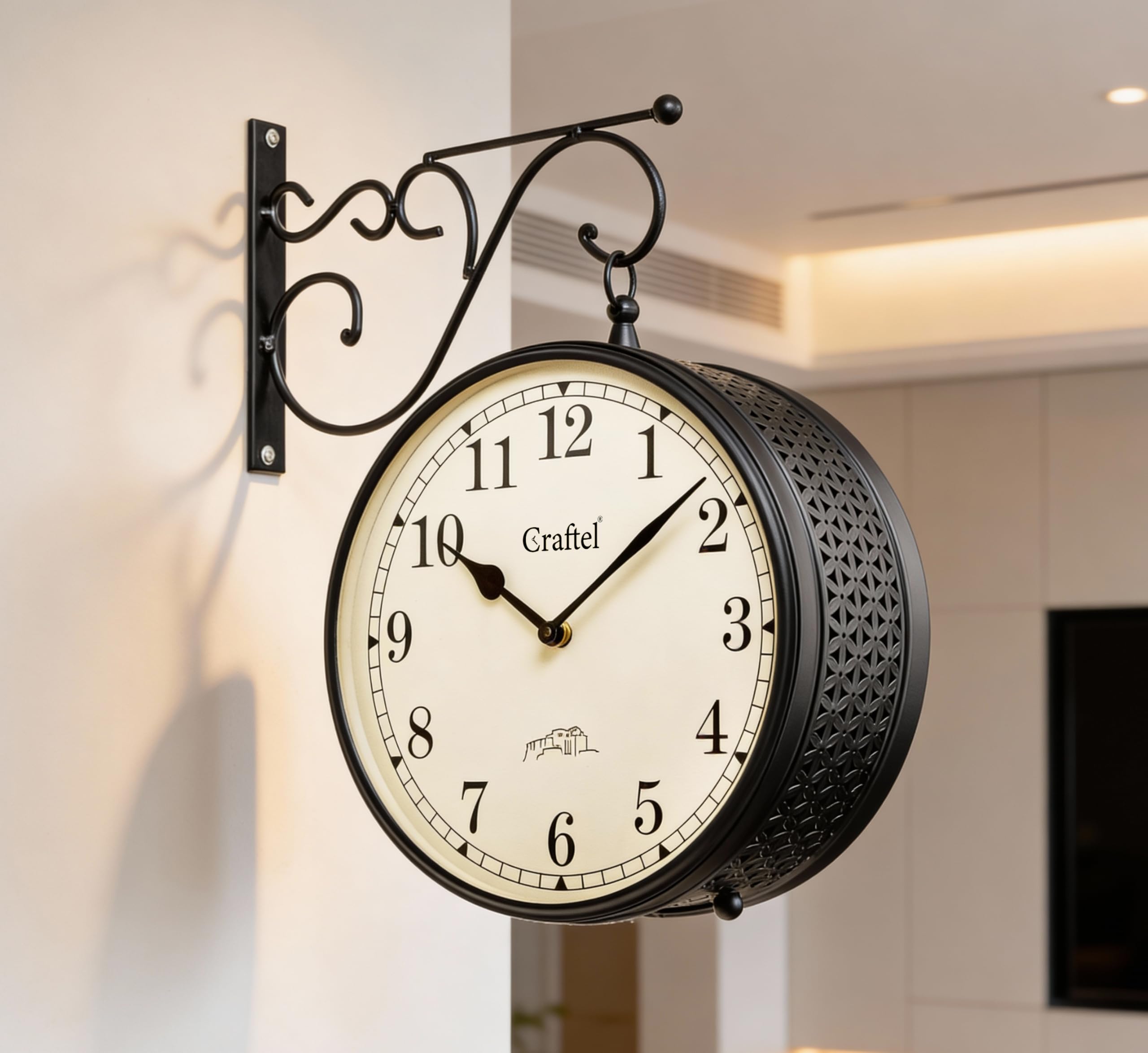 Metal Analog Double Sided Vintage Station Wall Clock (Dial - 10 Inches, Matte Black)