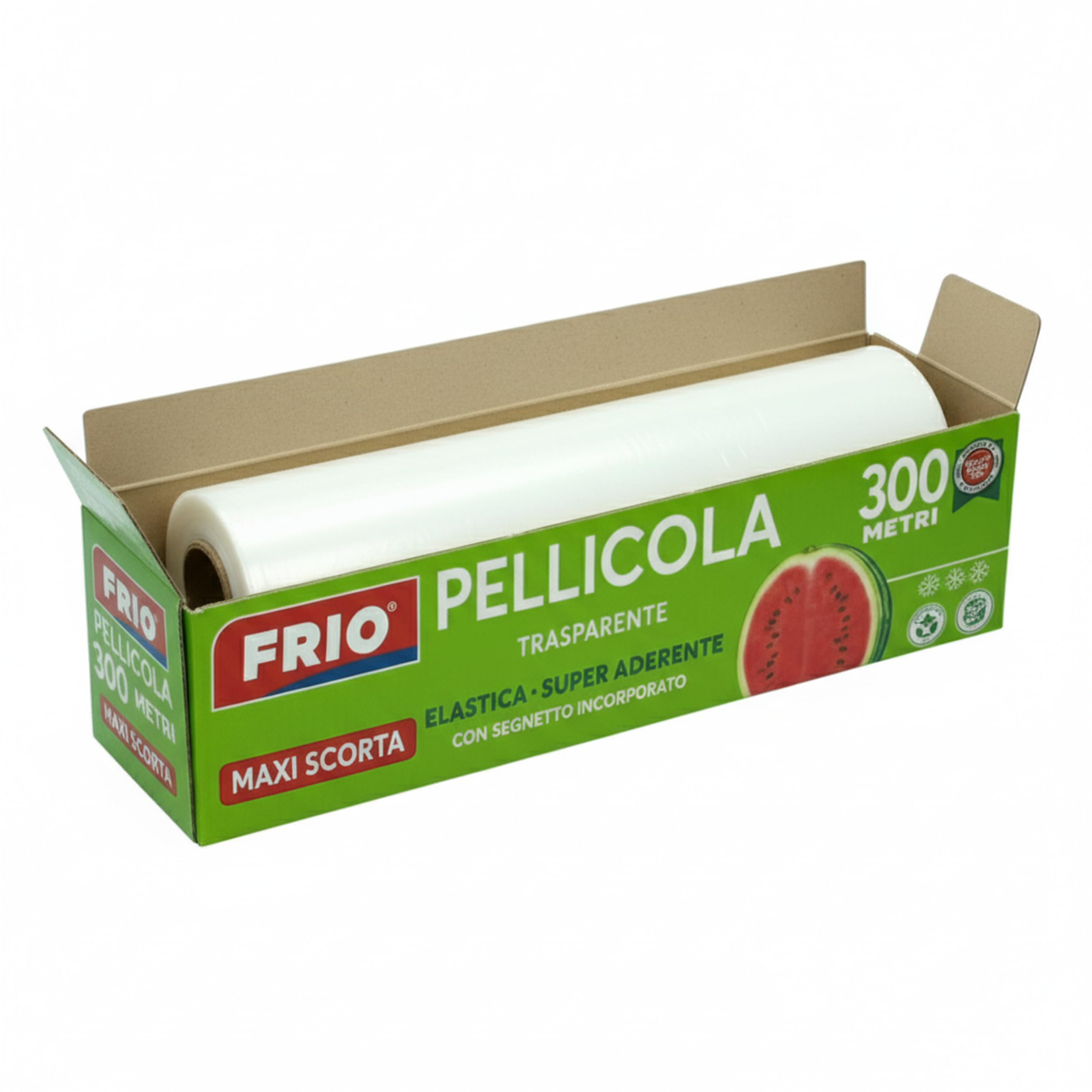 FRIO - 1 Rotolo Pellicola Alimenti 300m - Superaderente - Astuccio Professionale con Seghetto - Elastica e Autosigillante per Conservazione e Avvolgimento - Ideale per contenitori e vaschette metallo
