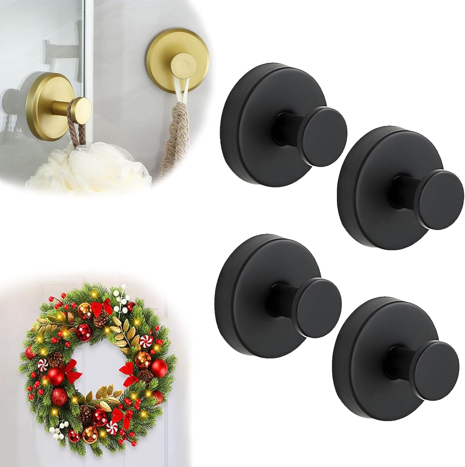 Suction Cup Hooks for Door Wreaths, 2025 Upgraded Multipurpose No Drill Heavy-Duty Suction Cup Hooks for Shower, Hanging Towels, Bathroom, Shower Doors, Tile, Mirrors, Holiday Use (Gold, 6Pcs)