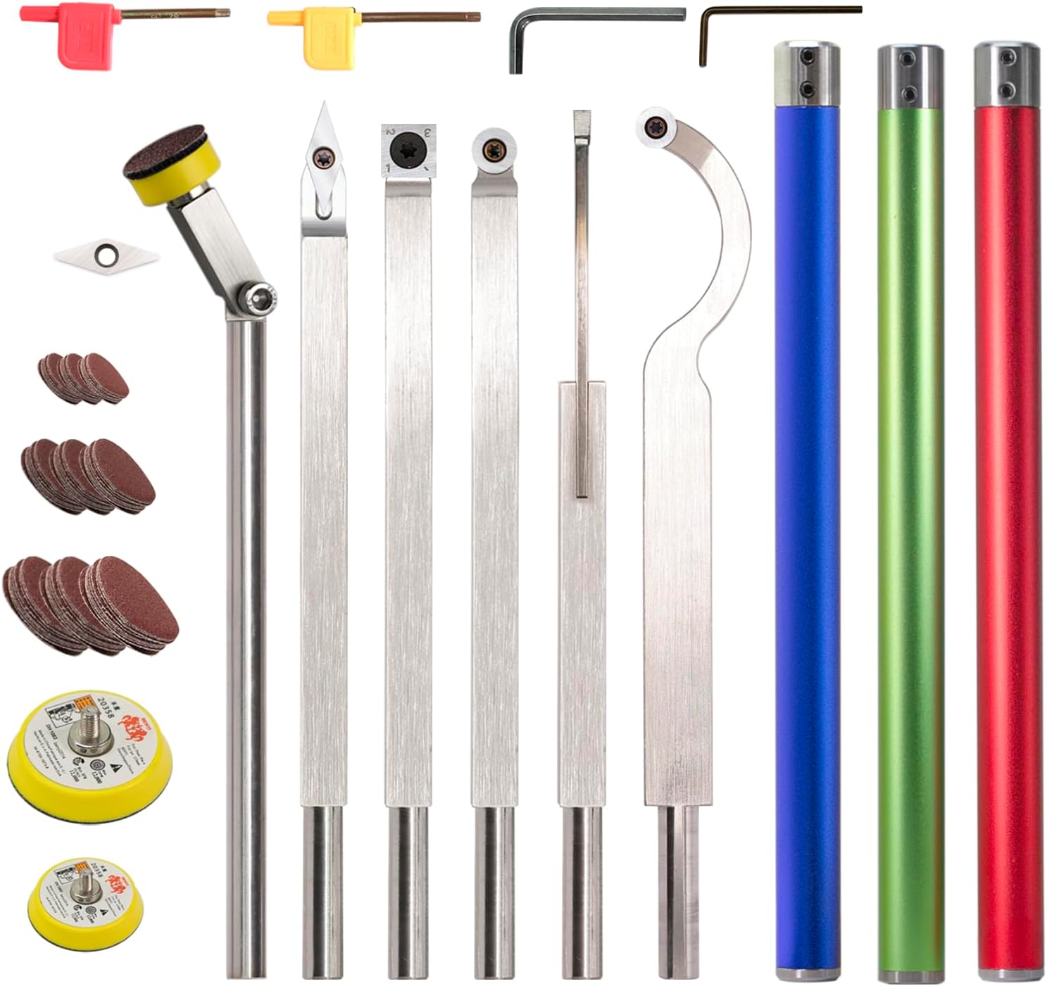Carbide Tipped Woodturning Tools DW-9 Carbide Wood Lathe Tools 6pcs Hollower Rougher Detailer Finisher Sander Made of Stainless Steel and 3pcs aluminium alloy Handle and Carbide Cutters and Sandpapers