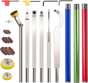 Carbide Tipped Woodturning Tools DW-9 Carbide Wood Lathe Tools 6pcs Hollower Rougher Detailer Finisher Sander Made of Stainless Steel and 3pcs aluminium alloy Handle and Carbide Cutters and Sandpapers