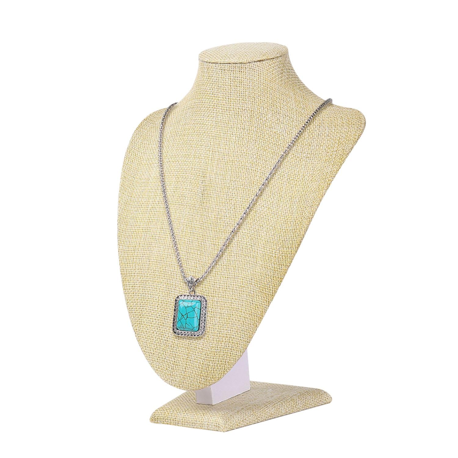 Flexzion Necklace Display Bust Stand - Beige Linen Jewelry Mannequin Display, 9.6 Inch Necklace Holder Mannequin for Vendors, Retail Counter, Craft Fairs & Trade Shows Jewelry Display Stand