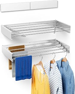 Laundry Drying Rack Collapsible, Wall Mounted Drying Rack, Clothes Drying Rack, Retractable Drying Rack, 31.5" Wide, 13.2 Linear Ft, 5 Aluminum Rods, 60 lb Capacity (White 31.5") Medium