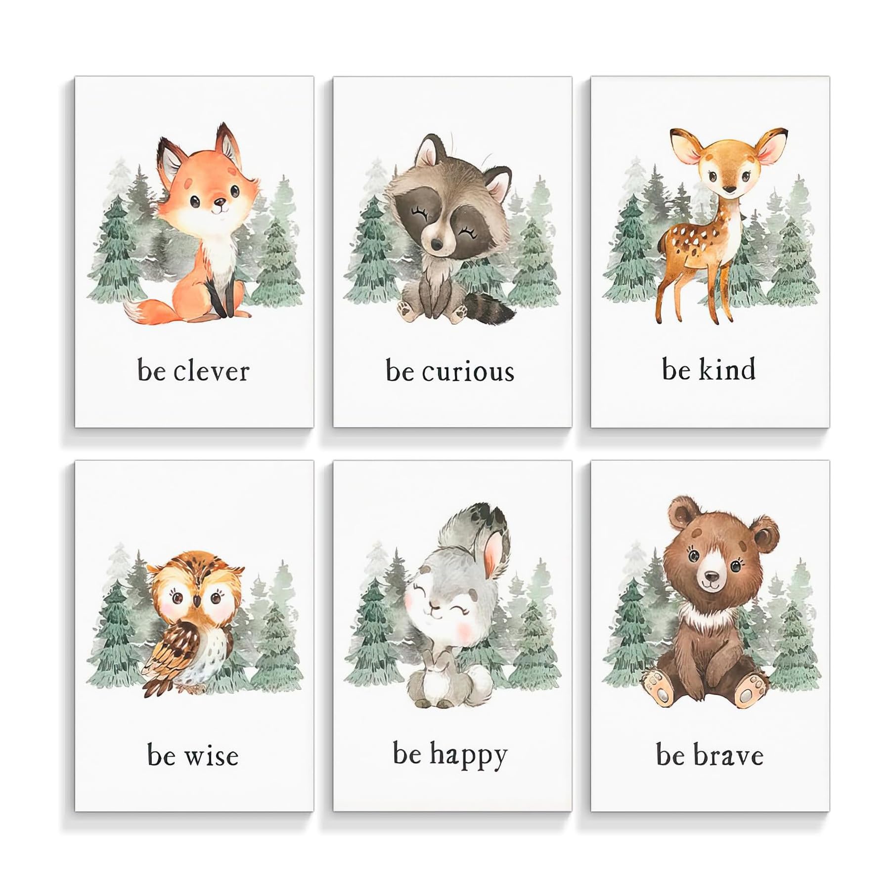 Woodland Nursery Decor - 6-Piece Inspirational Forest Animals Print Posters, Wall Art Pictures for Boy's Nursery (No Frame)