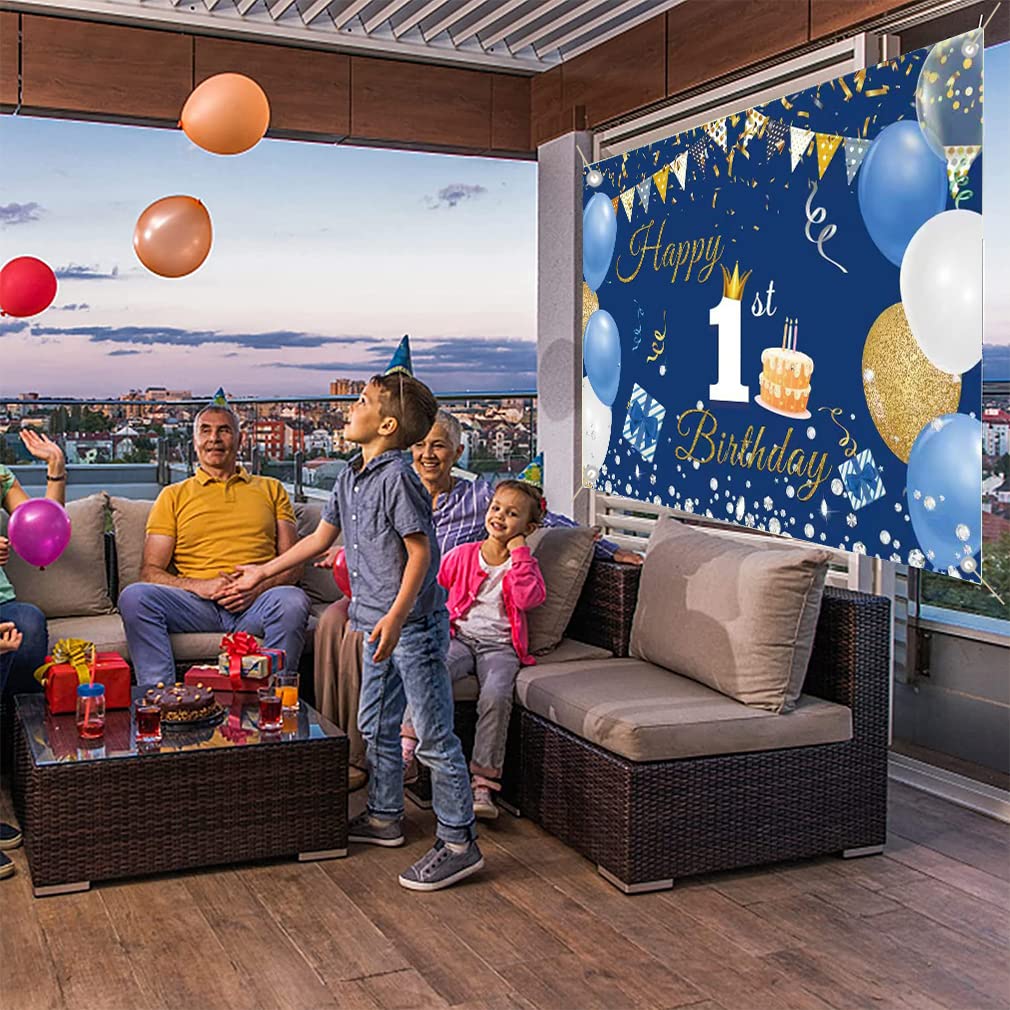 Happy 1st Birthday tło dekoracja baner dla chłopca / dziewczynki szczęśliwy 1 rok stary tkanina znak plakat, niebieskie tło fotograficzne artykuły na pierwsze urodziny, 150 x 90 cm