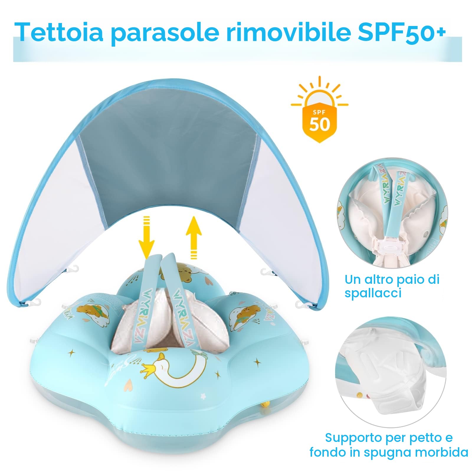 WYRIAZA Salvagente Neonato con Parasole SPF 50+ | Ciambella Neonato Mare Aggiornato con Sfera di Equilibrio per Evitare Il Ribaltamento | Salvagente Neonato 5-16Kgs