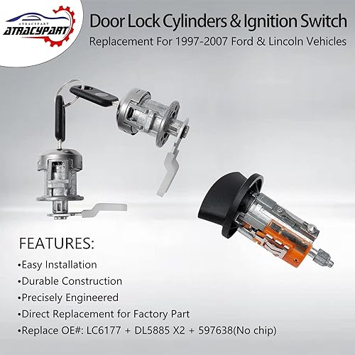 Miniatura 9 de Juego de cilindros de bloqueo de puerta e interruptor de encendido con llaves. Reemplazo para vehículos Ford F150250350, E150250350, Ranger, Bronco