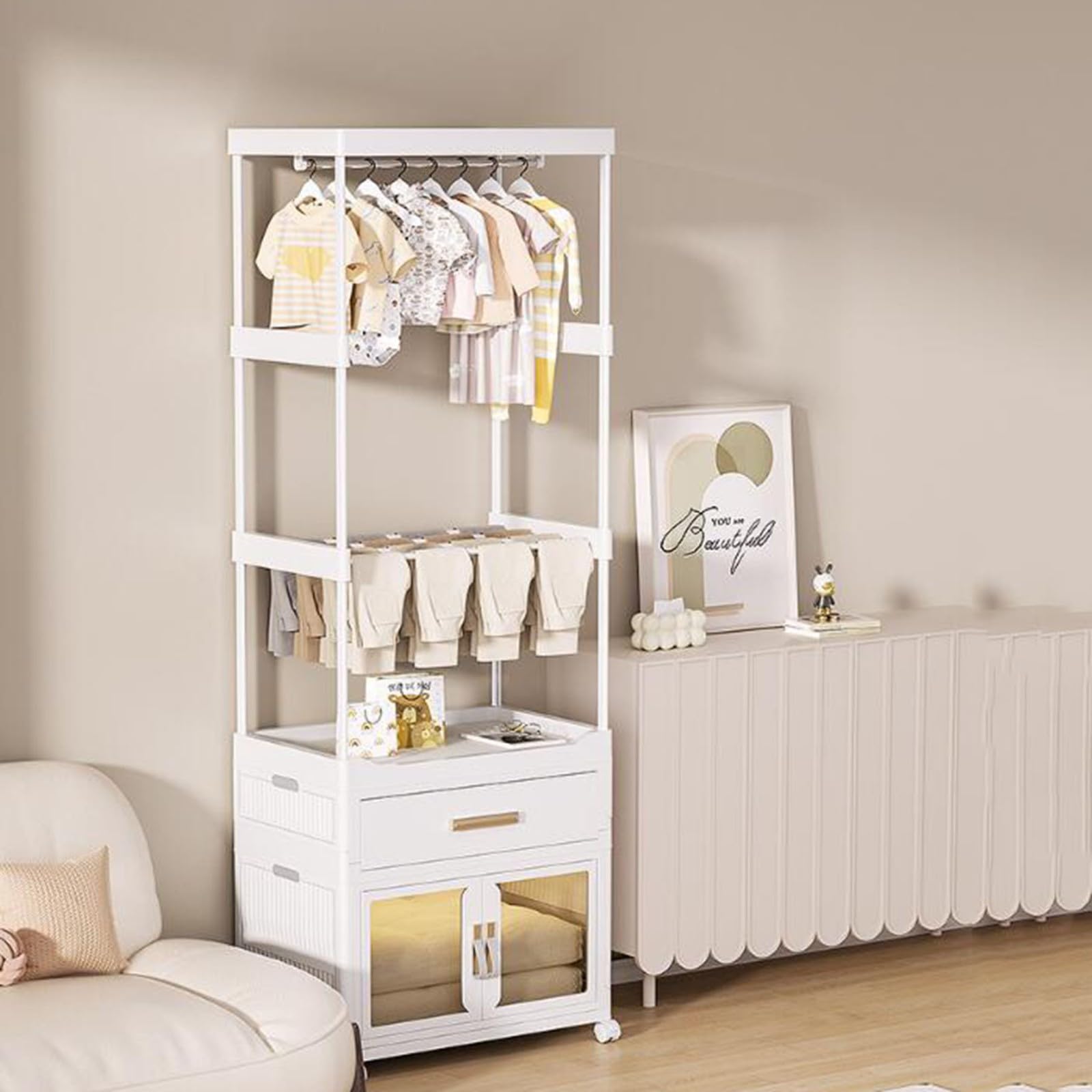 Organisateur de rangement pour cintres autoportant avec tiroirs en tissu