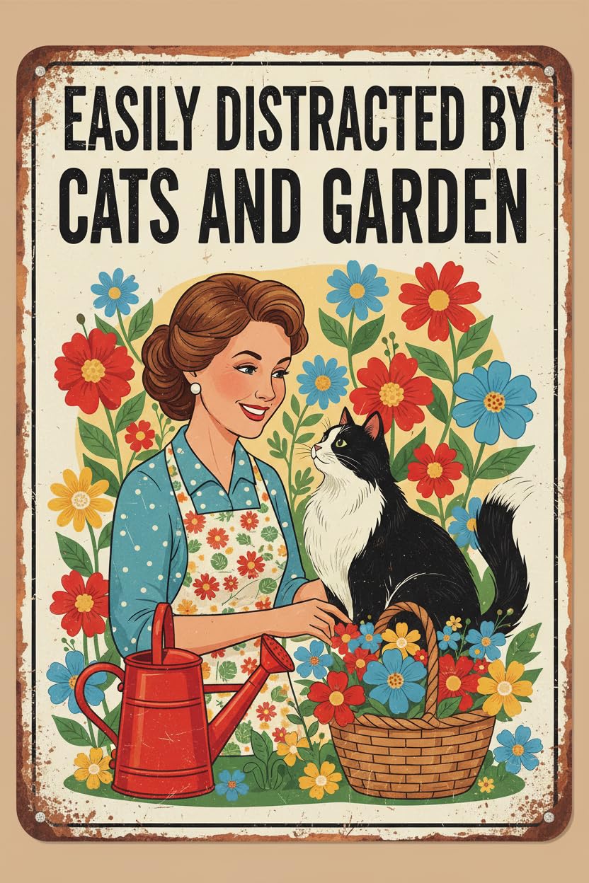 Vintage Metal Tin Sign Cat In The Garden Easily Distracted By Cats And Garden Aluminum Sign For Coffee Home Wall Decor Metal Tin Sign 12X8 Inch, Multi Custom Private Property Signs Outdoor