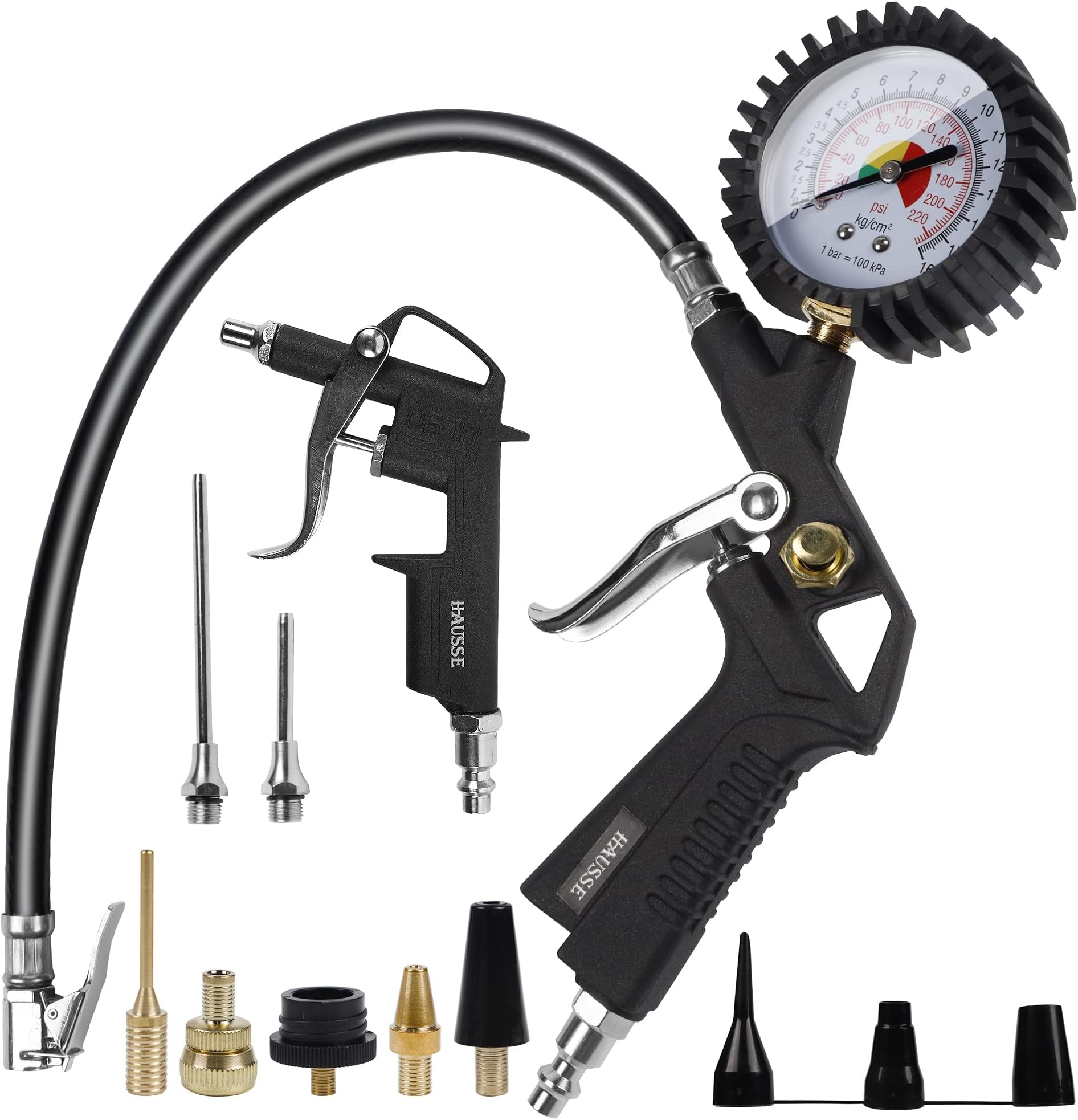 Heavy Duty Air Compressor Accessory Kit, Air Blow Gun and Air Hose Fittings, 1/4" NPT Air Tool Kit with 100 PSI Tire Inflator Gauge