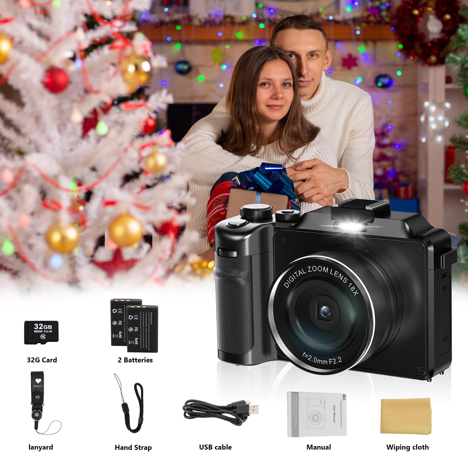 Cámara digital 4K para fotografía con WiFi, 2 baterías, tarjeta TF de 32 G, cámara de vlogging, zoom digital de 18X, lente macro de enfoque automático, videocámara integrada con micrófono y altavoz