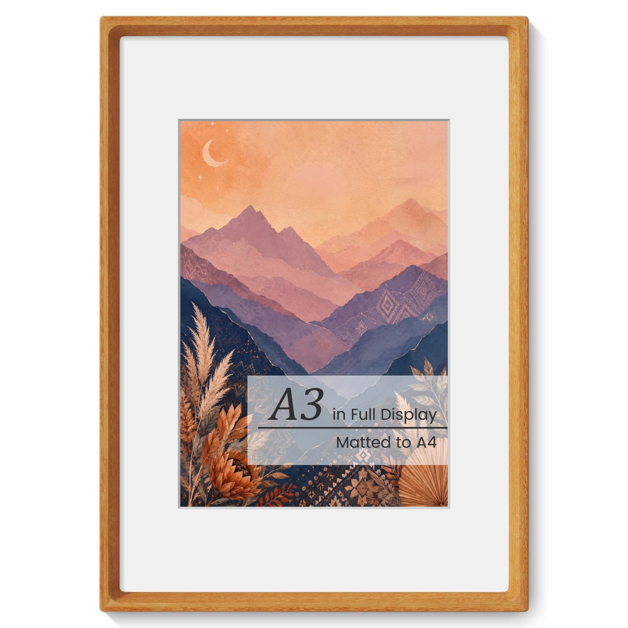 KovaScape Picture Frames, Solid Teak Wooden Frame,Round Corner Hand Craft Photo Frame, A3 Size Matted to A4, A3 Document Diploma Frame with HD Real Glass,Wall or Tabletop Display