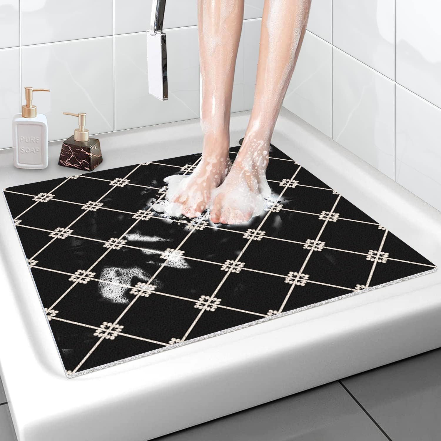 Mateju Alfombra Baño Ducha Cuadrada Antideslizante, Alfombra Baño Interior de Lufa Secado Rapido - Suave y Cómoda para Dentro Duchasalir de la Ducha (Negro Vintage,60 * 60cm)