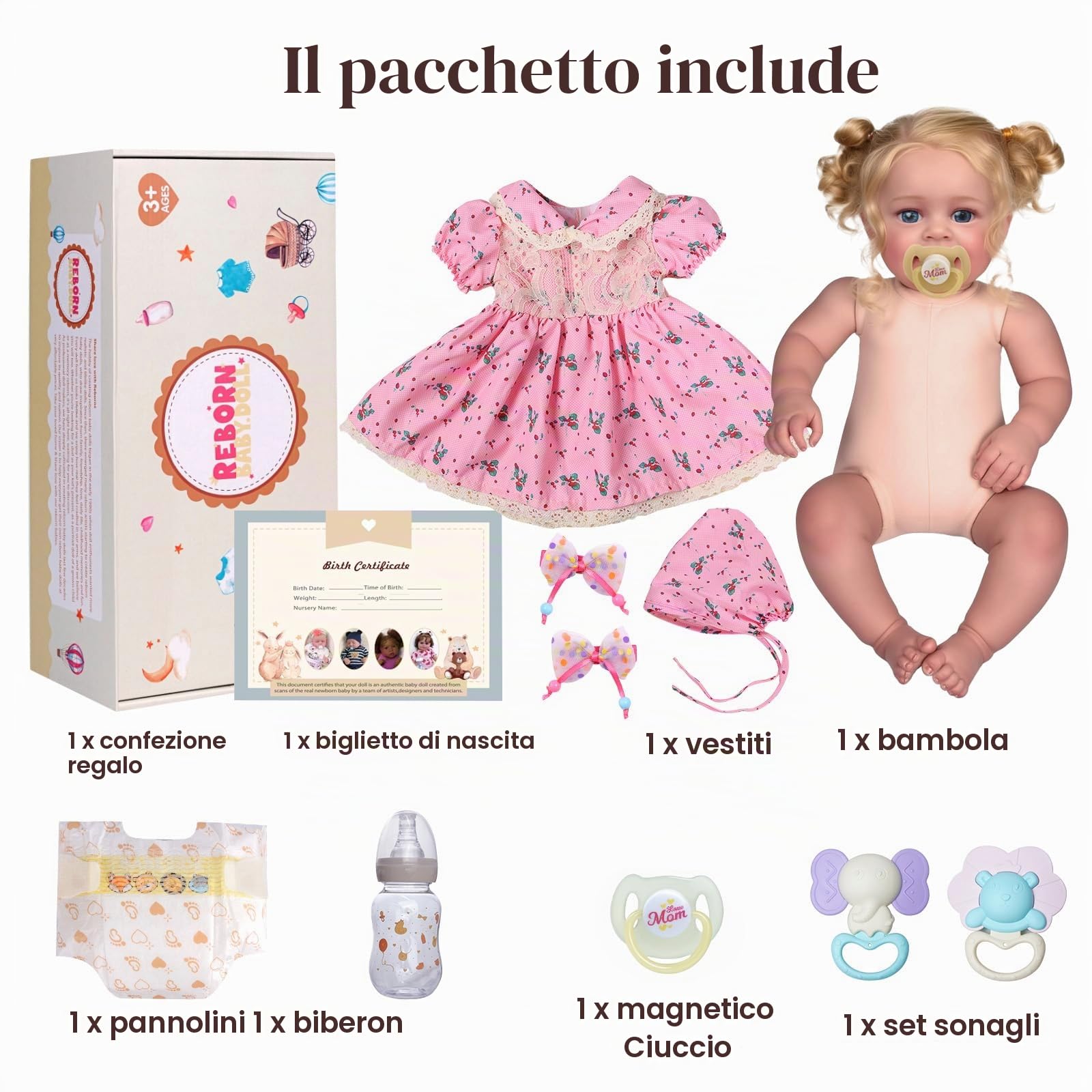 BABESIDE Bambole Realistiche per Neonati Vere Bambola Bambine Rinato da 20 pollici Corpo in Tessuto Morbido con Lunghi Capelli Biondi Con Vestiti e Accessori per Bambini dai 3 anni in su,Rosa