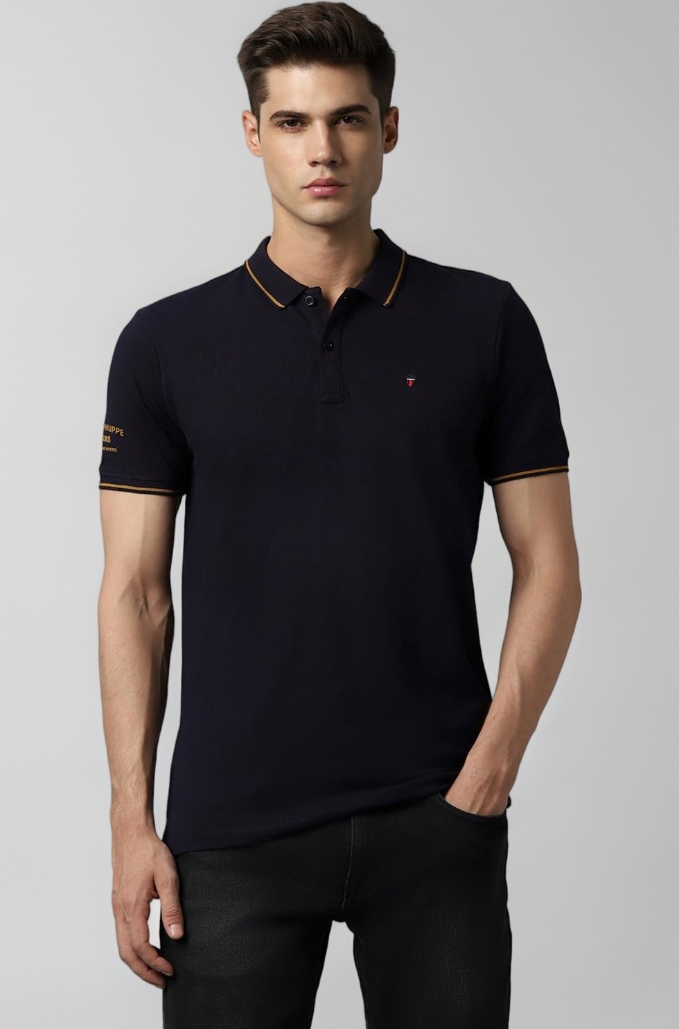Men's Slim Fit 24s Single-Tuck Pique Stylized Sleeve Print and Contrast Tipping Half Sleeve Solid Polo T-Shirt