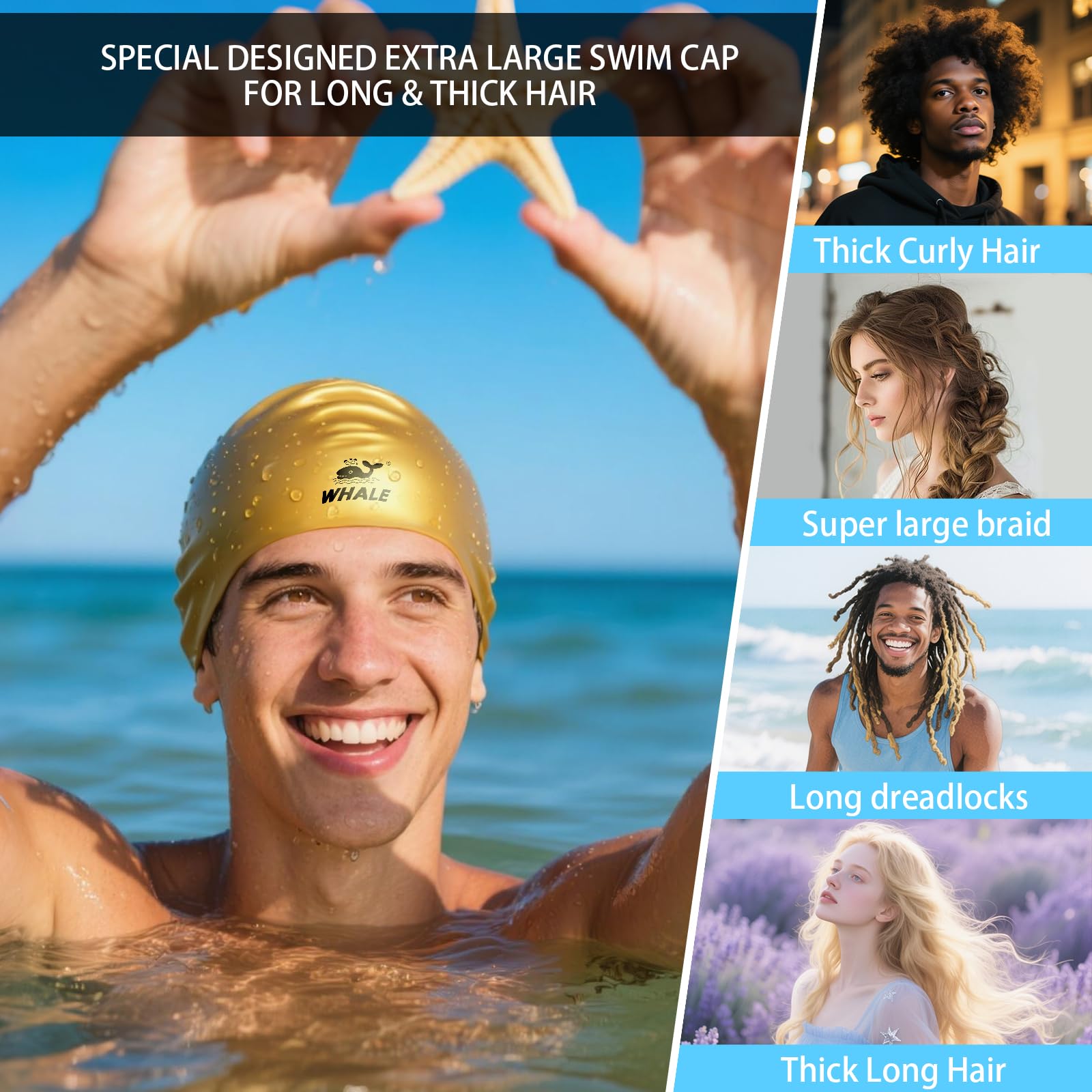 WHALE Bonnet de bain en silicone imperméable, avec protection des oreilles, antidérapant, haute élasticité, garde les cheveux au sec, unisexe, grande taille, convient aux cheveux longs, bouclés et