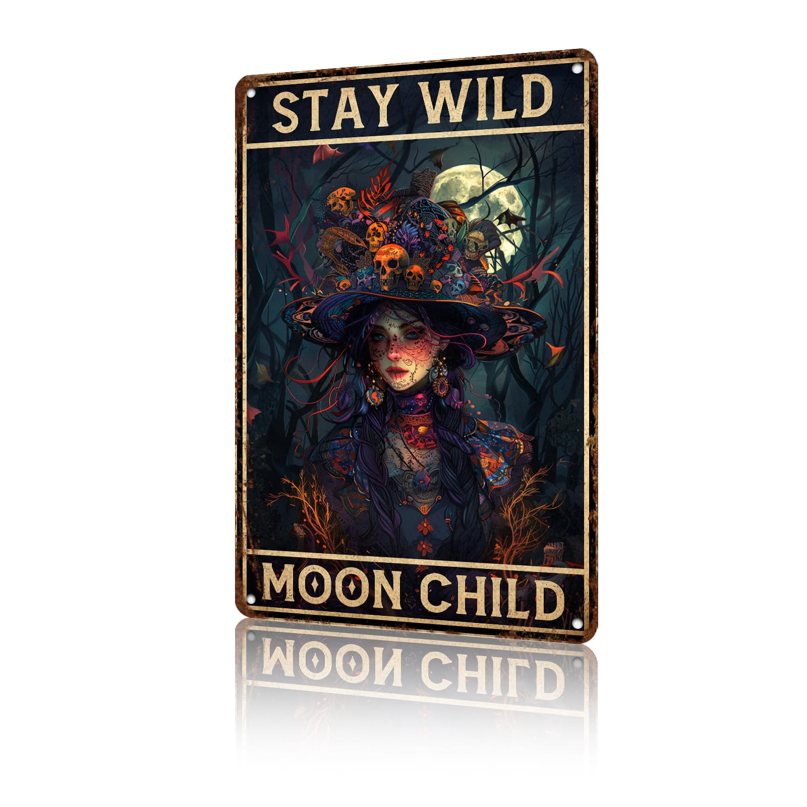 Anceky Tin Sign Vintage Stay Wild Moon Child Witch Halloween Metal Sign Wall Decor for Yard Farmhouse Outdoor Garden Fence 12×16 Inch