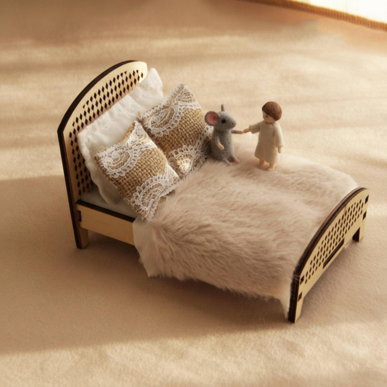 Letto in Miniatura Letto Bambola Letto Bambole Letto Giocattolo Letto Casa Delle Bambole in Legno con Pediera Arcuata E Dettagli a Griglia Adatto per, Bianco Legno