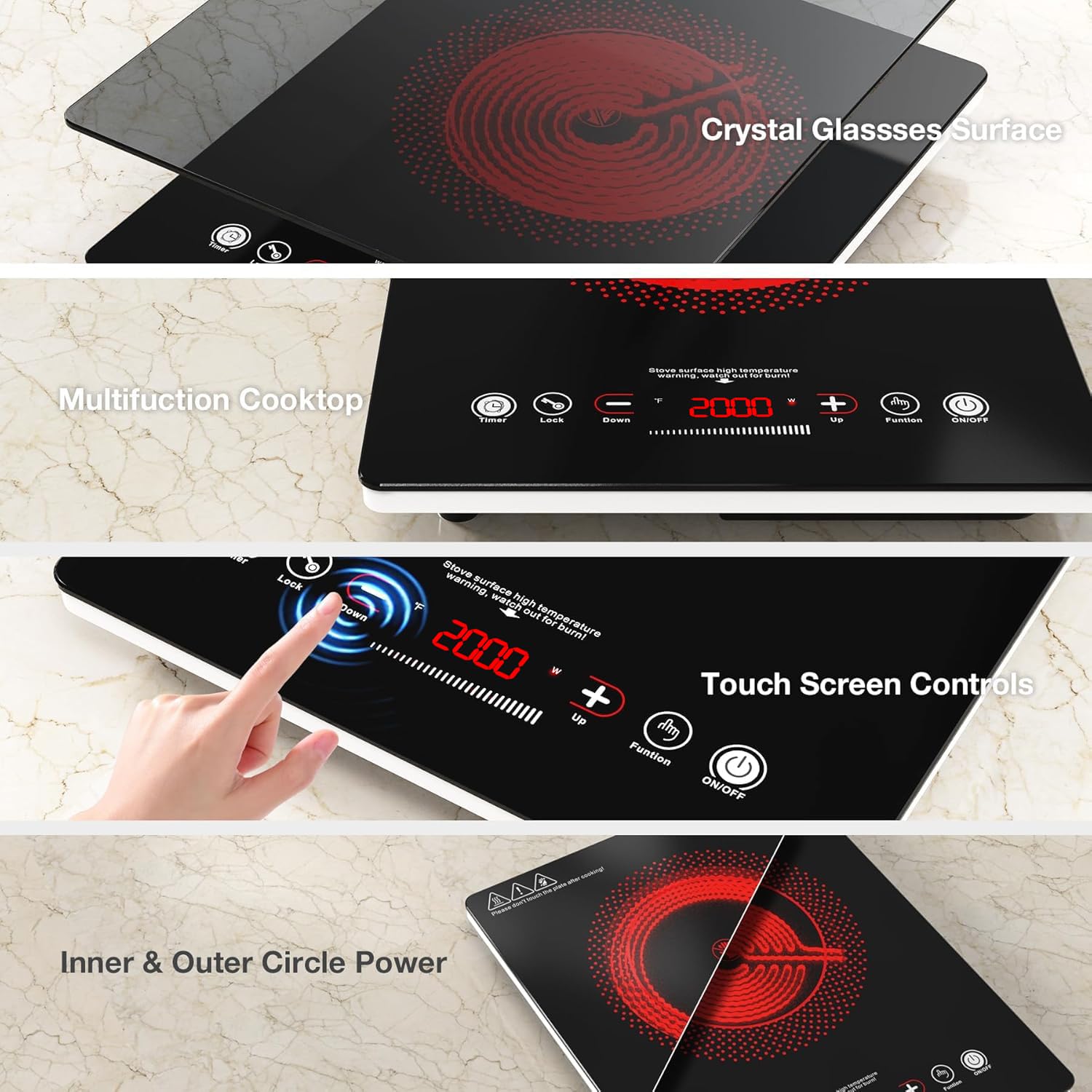VBGK Electric Ceramic Hob with Plug-in, Single Electric Hob, Single Cooking Zone with LCD Touch Screen, 4-Hour Timer, 9 Power Levels Up to 2000W, Safety Lock, 220-240V — view 9