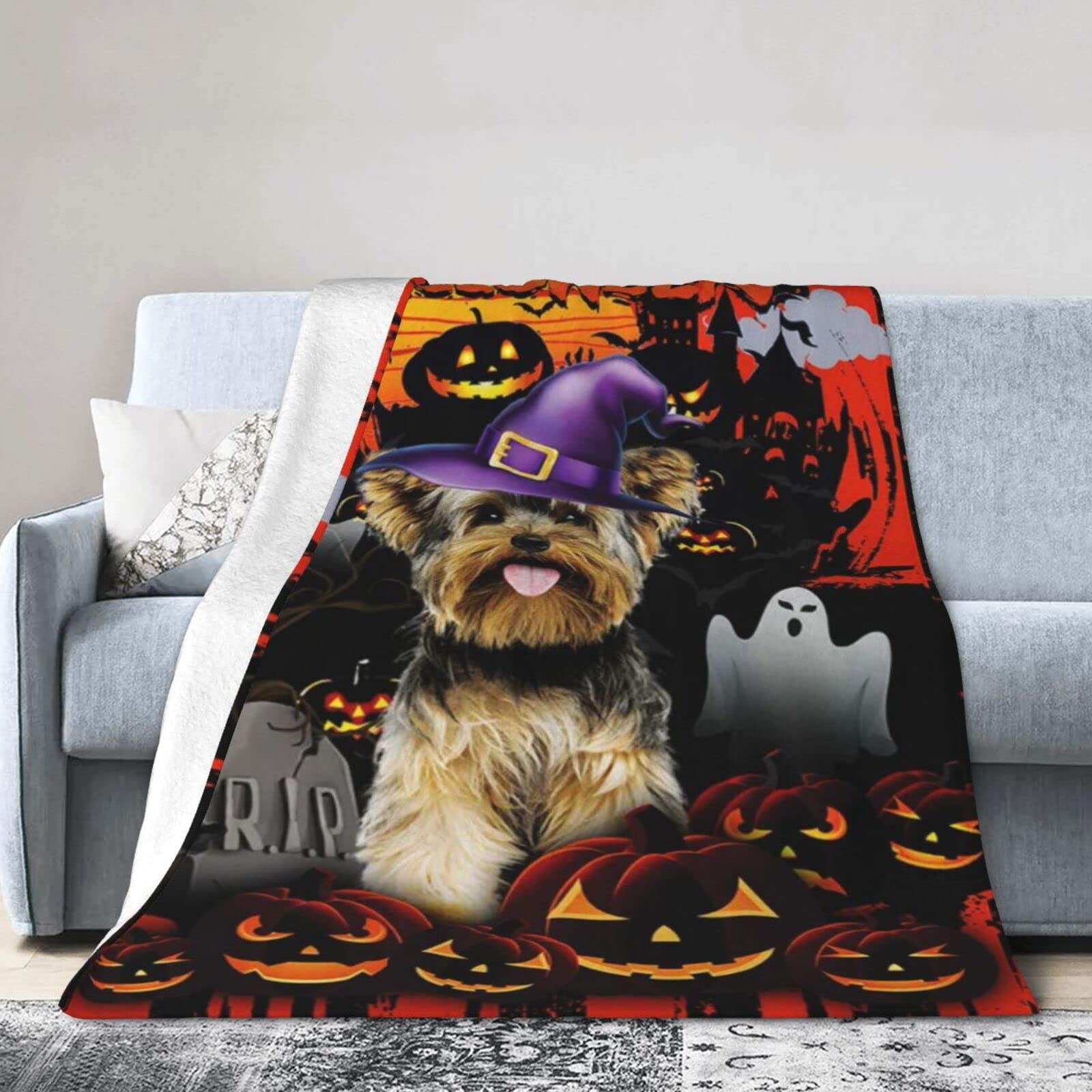 Lsjuee Christmas Flannel Fleece Blanket 40"X30" Happy Halloween Yorkie Bed Throw Blanket Lightweight Ultra-Soft Travel Winter Blankets for Adult Keep Warm