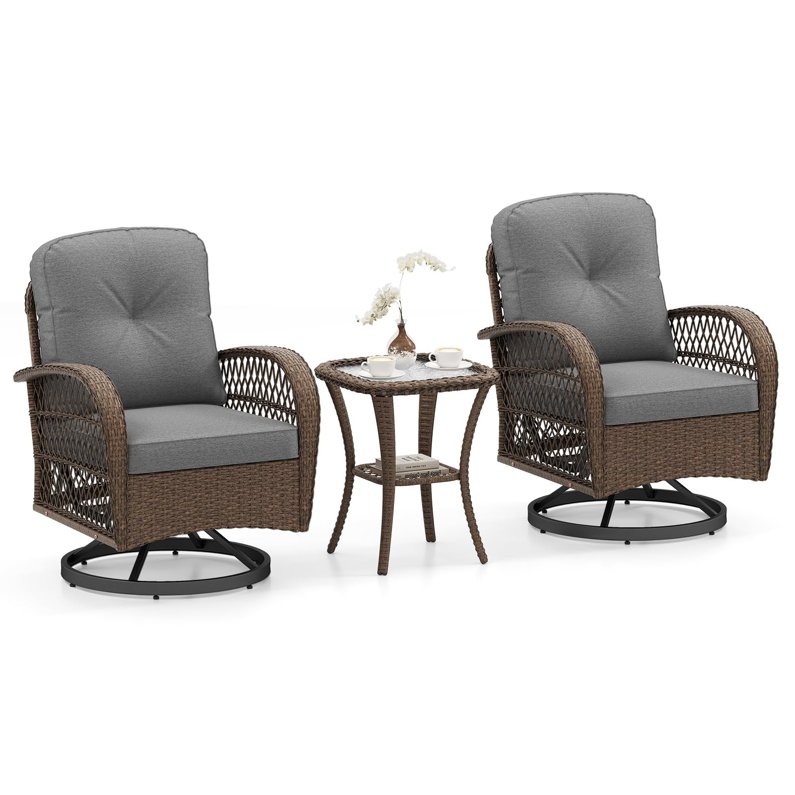 ORALNER 3 Pieces Wicker 360° Swivel Rocker Set Patio Furniture, Rocking Chairs with Cushions, Tempered Glass Coffee Table, Outdoor Rattan Bistro Set
