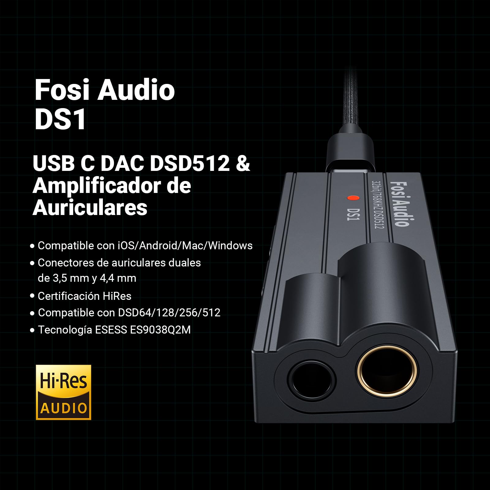 Fosi Audio DS1 DSD512 HiFi USB C DAC ES9038Q2M Mini Amplificador de Auriculares de Audio 32bit/768kHz con Salidas Duales de 3,5MM y 4,4MM Compatible con Smartphones/Portátiles/PC