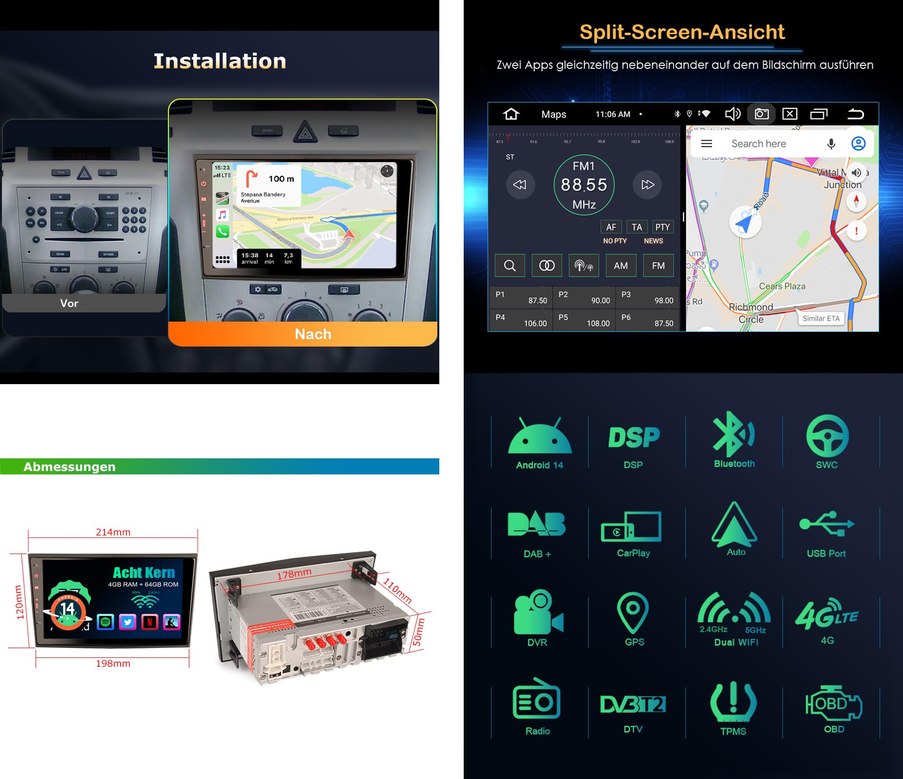 Erisin 8 pollici 8-Core 4GB+64GB Android 14 Autoradio Bluetooth GPS Navigazione per Opel Meriva Corsa C Corsa D Zafira Vivaro Astra Signum Combo Wireless Carplay Android Auto WiFi DSP DAB+ USB FM RDS