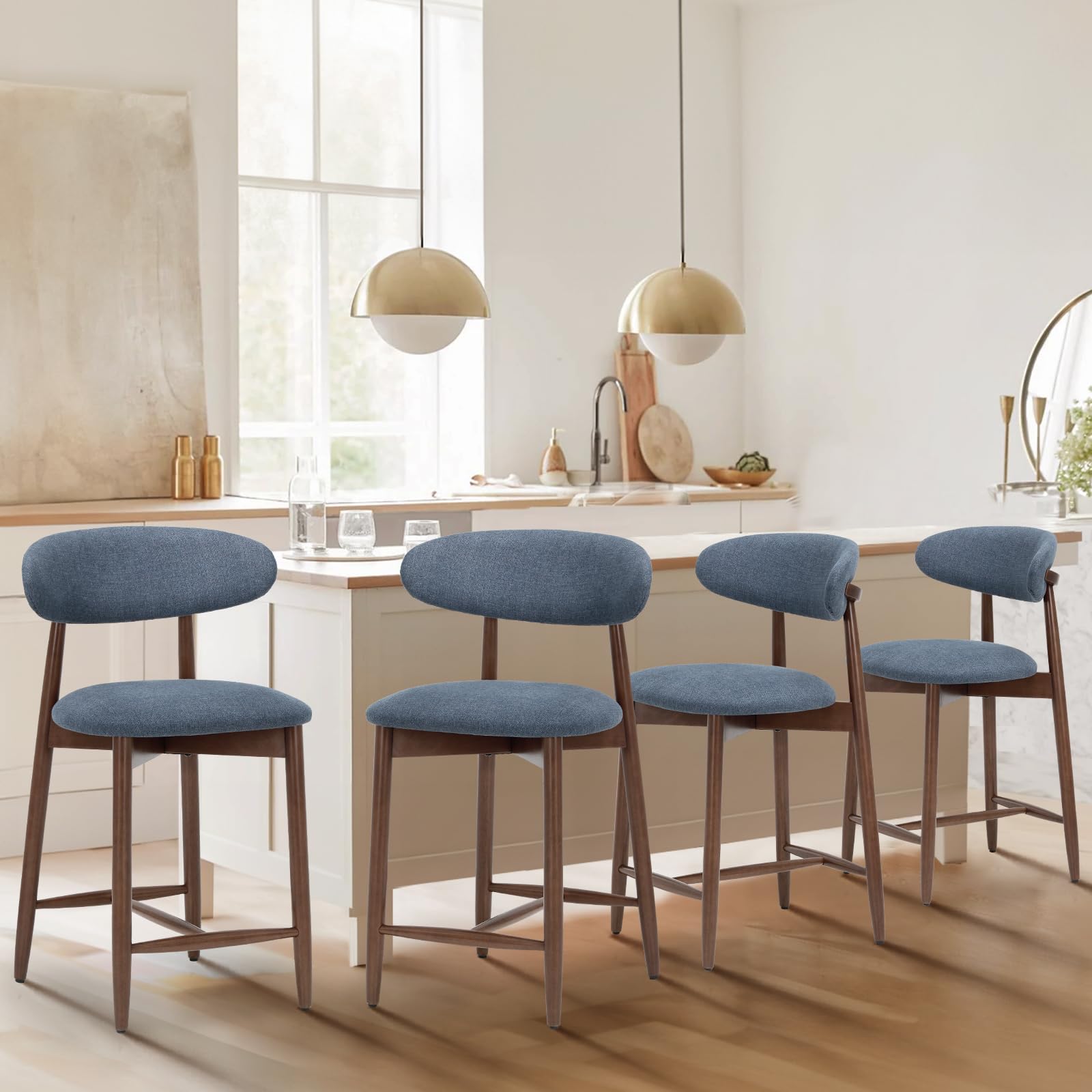 COLAMY Counter Height Bar Stools Set of 4, Kitchen Bar Stools with Back, Mid Century Modern Upholstered, with Wood Legs for Kitchen Island Dining Room, Blue