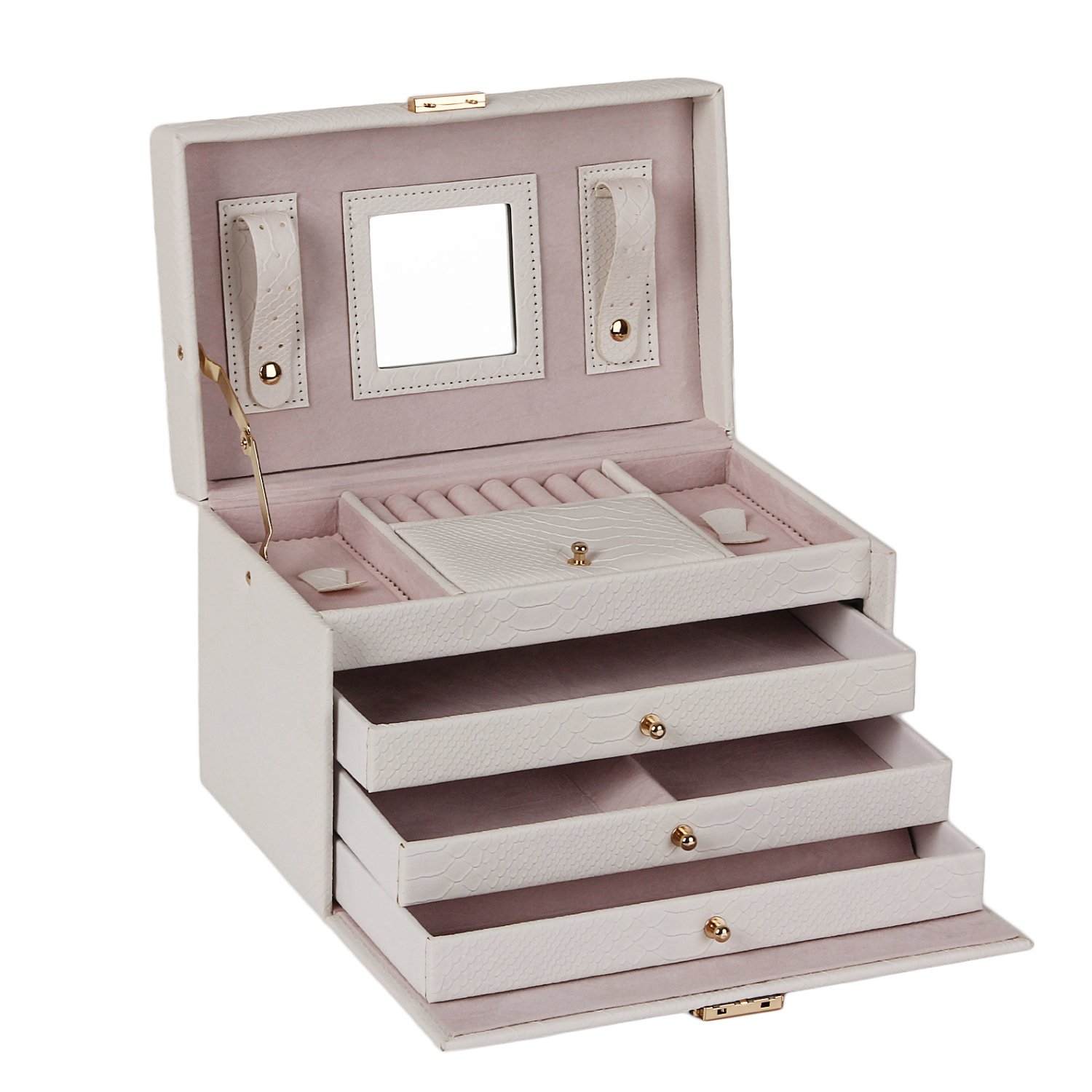 Large Jewellery Box Gift Storage Case for Girls Necklace Watch Display Armoire (White-C)