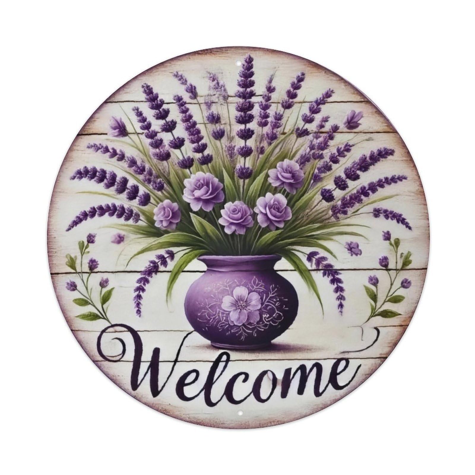 Lavender Flower Vase Welcome Rustic Round Sign Vintage Aluminium Metal Sign, Retro Wall Decor for Home, Bar, Garage & Farmhouse 20x20cm