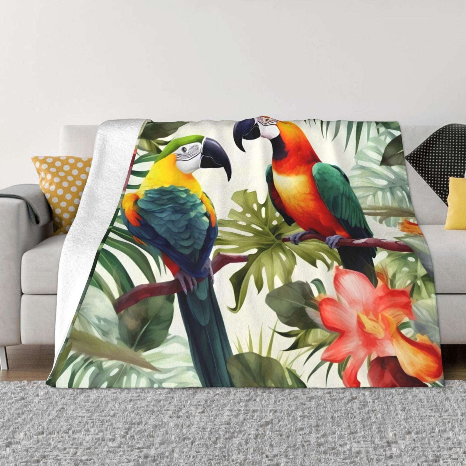 FodPand Toucans Parrot Palm Tree Leaves Fleece Blanket 60"x50" Lightweight Warm Throw Blanket for Bed Couch Cozy Air Conditioning Quilt All Seasons Decorative Fuzzy Blankets Gifts for Women Men