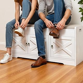 Farmhouse Shoe Storage Bench, Entryway Bench with Cushion Seat, Lift Top...