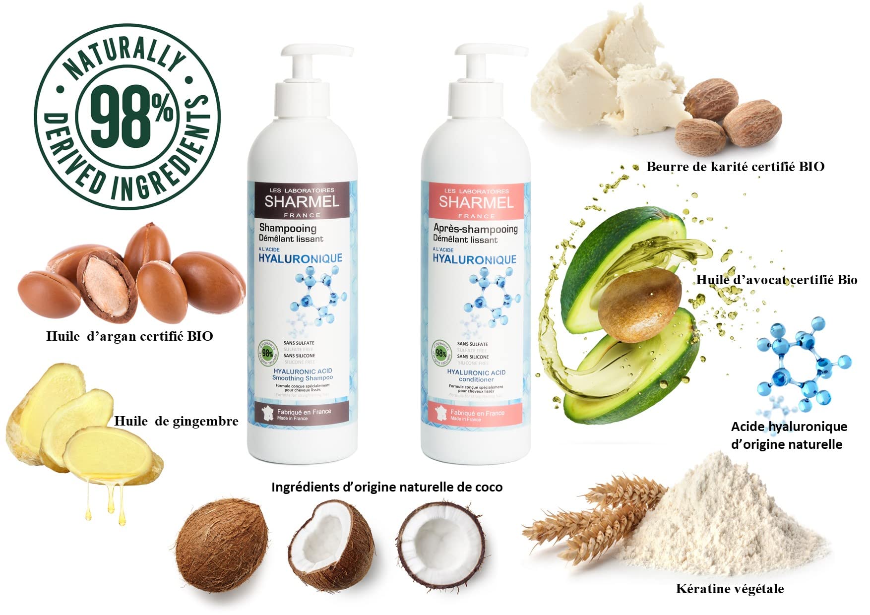 Duo Shampoing et Après-Shampoing Sans Sulfate - Sans Silicone - kit prolongateur Lissage Brésilien - 98% d'Ingrédients d'Origine Naturelle - 2 x 500ml - Fabriqué en France