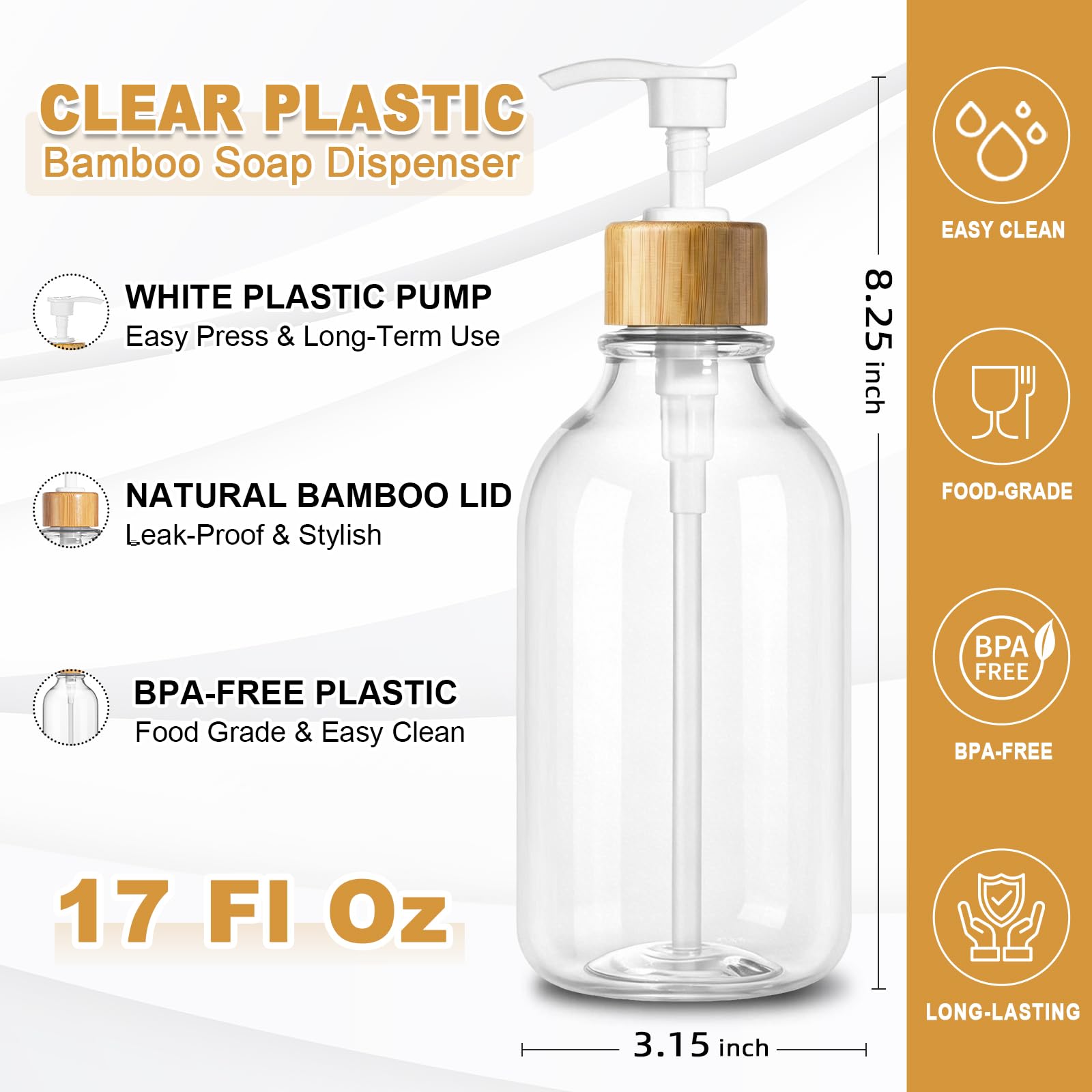 KASUNTING Dispensador de jabón transparente, paquete de 2 dispensadores de jabón de manos y loción de baño con bomba de bambú, juego de dispensadores de jabón de manos y platos de plástico de 16 onzas