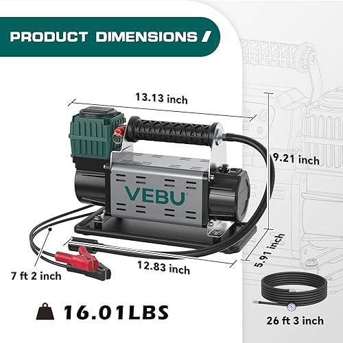 Miniatura 9 de Compresor de aire de 12 V, inflador de neumáticos de 125 PSI con medidor de presión en línea, inflado rápido de 5.65 CFM para vehículos todoterreno,