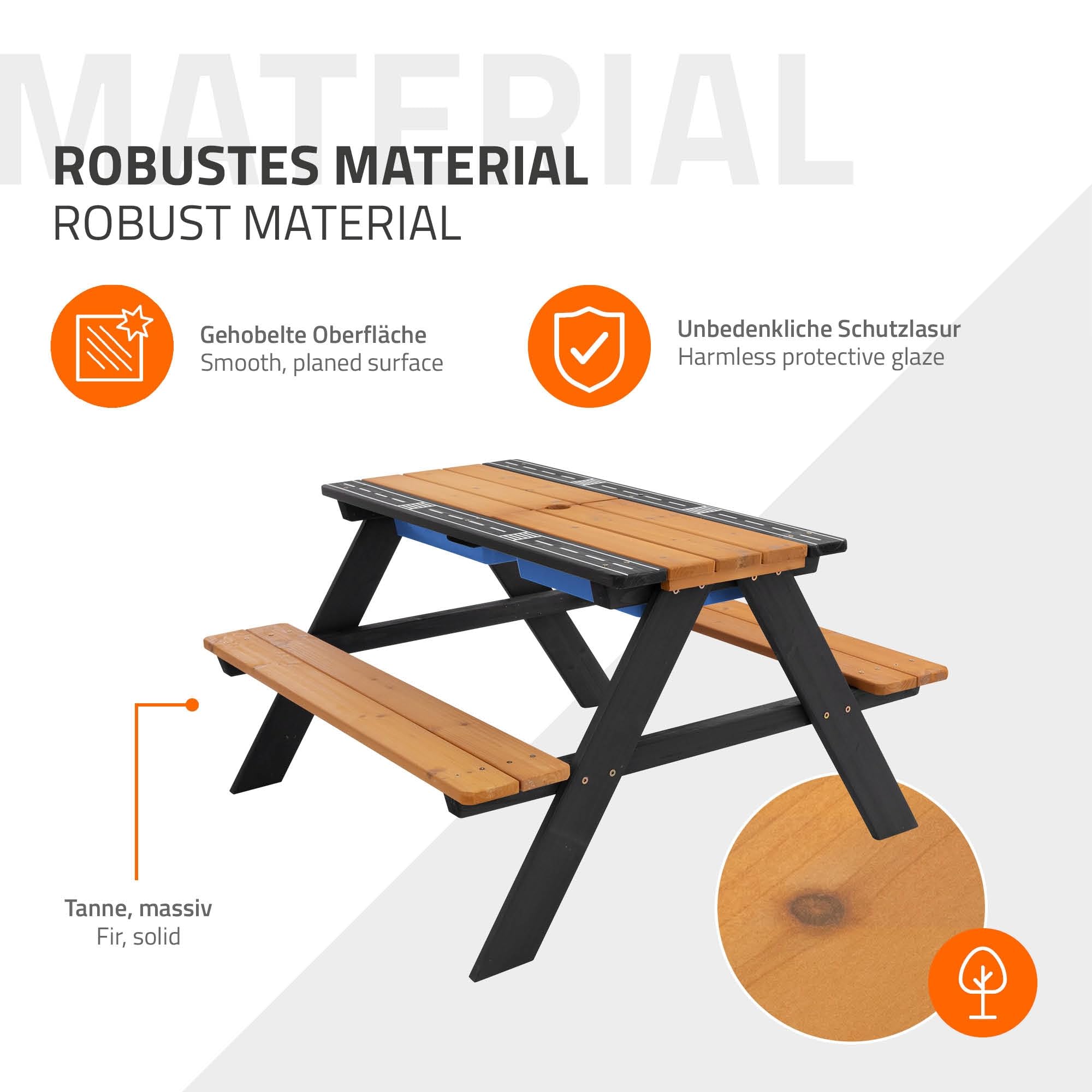 ML-Design 2en1 Ensemble pour Enfants 2 Bancs et Table de Jeux de Sable et d'eau, Brun Naturel, Bois Massif/Métal, Plateau Amovible avec 2 Bacs de Jeu en Plastique Bleu, 4 Places, Trou pour Parasol