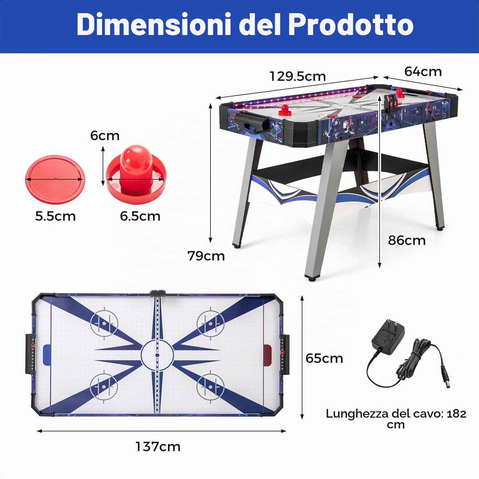 HOMASIS Hockey da Tavolo con 2 Spingitori e Dischi, Poggia Piedi Regolabili, Motore Potente da 12 V, Segnapunti, Air Hockey da Tavolo per Famiglia, Bar, Casa, 137 x 65 x 86 cm