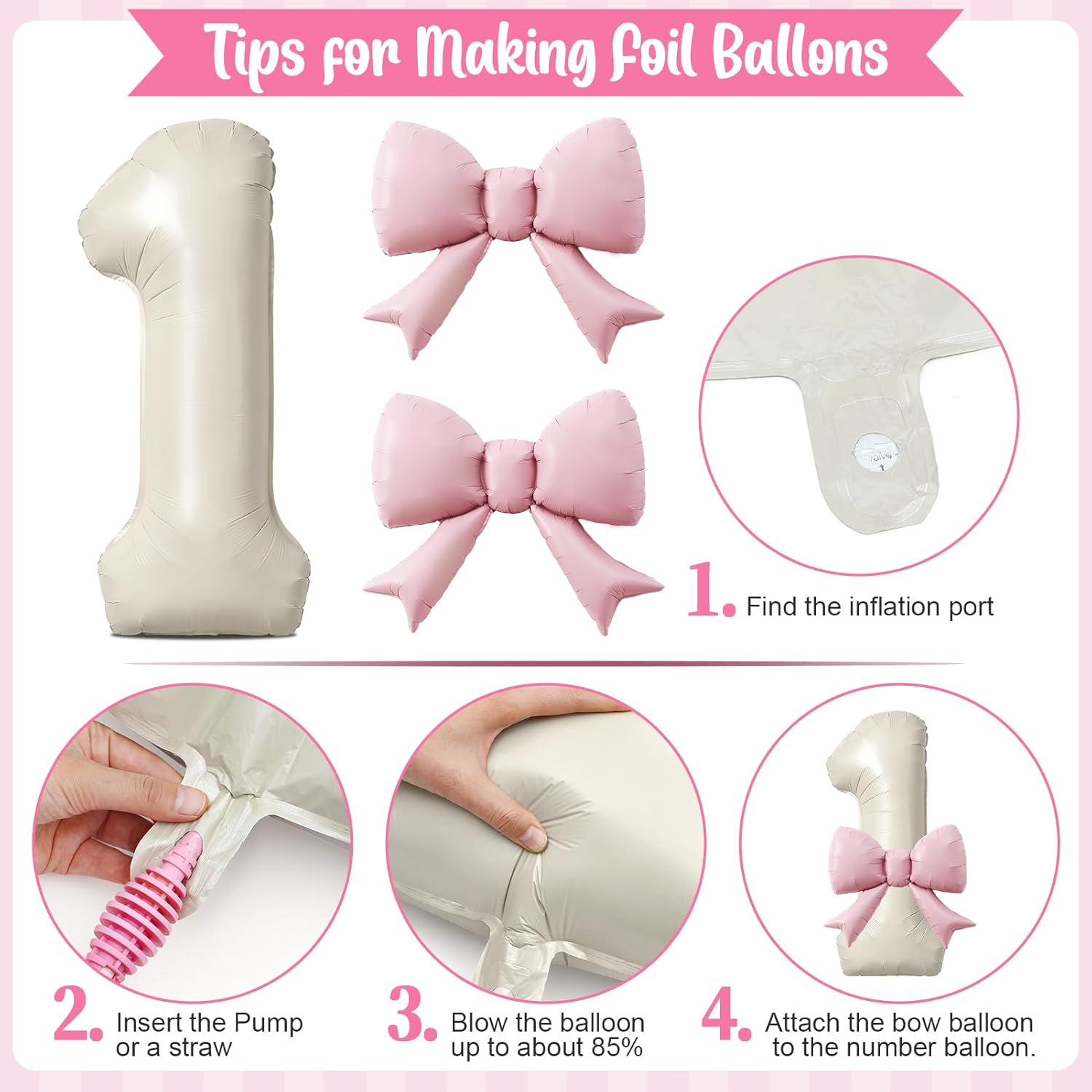 28Pcs First Birthday Decorations for Girl Pink Heart Bow Foil Balloons Cream Number 1 Balloon Black Happy Birthday Banner, 1st Birthday Decorations Girl Sweet One Party Decor Supplies - Image 6