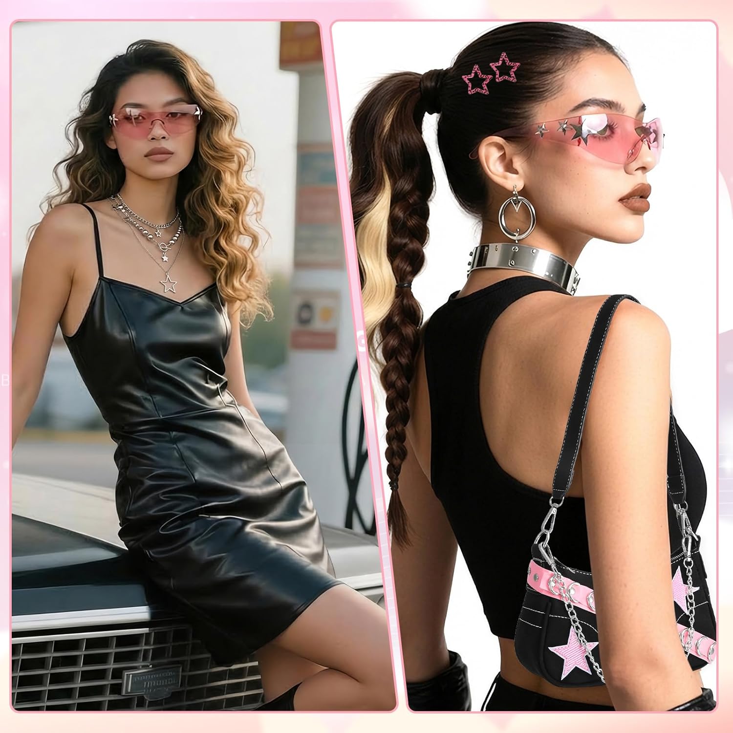 JATEBI Y2K Purse Shoulder Bag with Retro Sunglasses Layered Necklace Bracelet Hair Clips & Bag Charm, Accessories Set for Women Teens, Gift for Carnival Festival Concert Party - Image 2