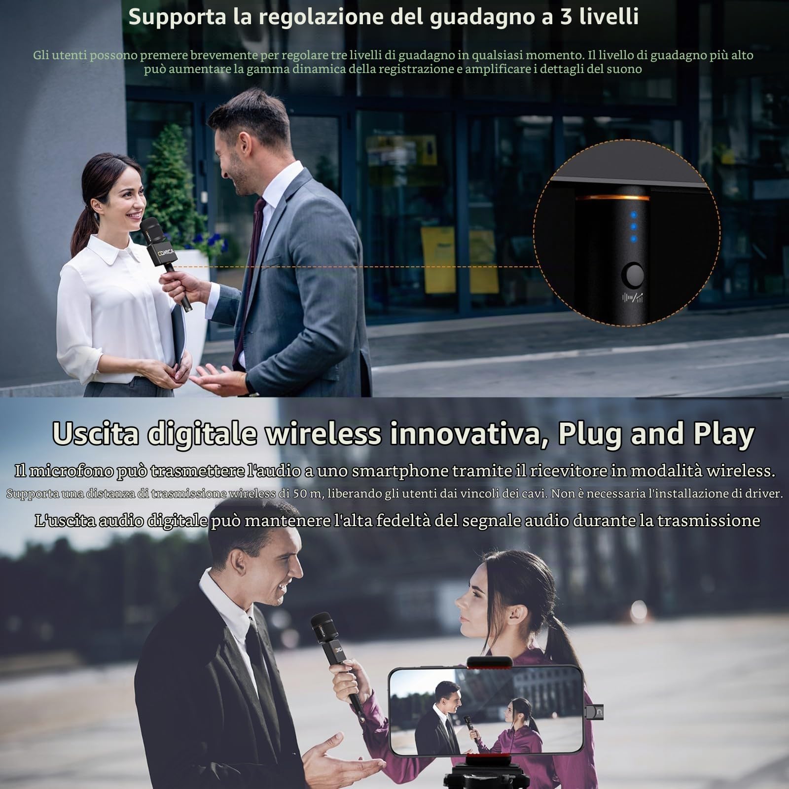 COMICA Revo S Microfono wireless per Reporter Compatibile con Windows, Mac OS, Supporta One-Key Denoise con Capsula per Microfono a Condensatore da 14mm per Smartphone per Podcasting, Report, Intervi
