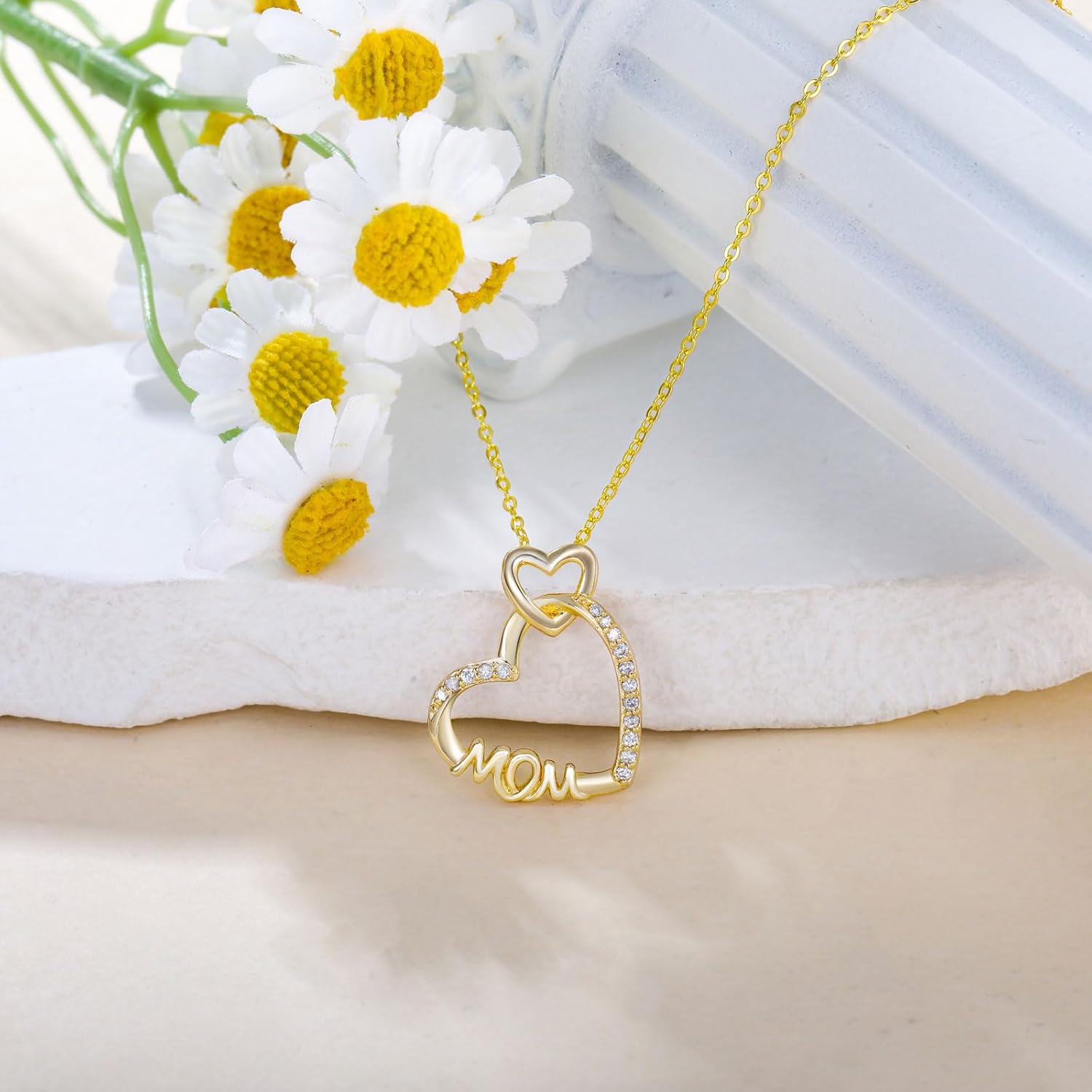0.15cttw Real Diamond Mothers Necklace Sterling Silver 18K Yellow Gold Plated Mom Heart Pendant Necklaces Mothers Day Birthday Jewelry Gift - Image 2