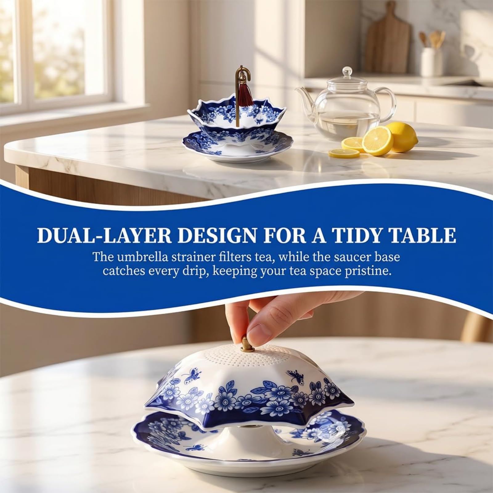 Umbrella Forma Tè Filtro in Ceramica, Cinese Blu E Bianco in Porcellana Tè Filtro Ombrello, 2026 Aggiornato Diffusore Ombrello, Con Design Rotante Per La Produzione Di Tès (B*2)